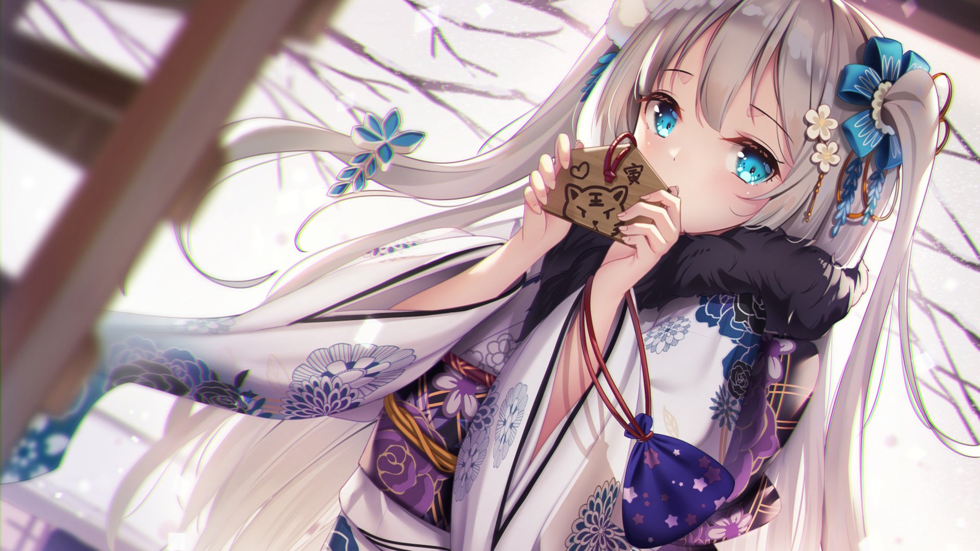 白发女孩 虎年 木牌