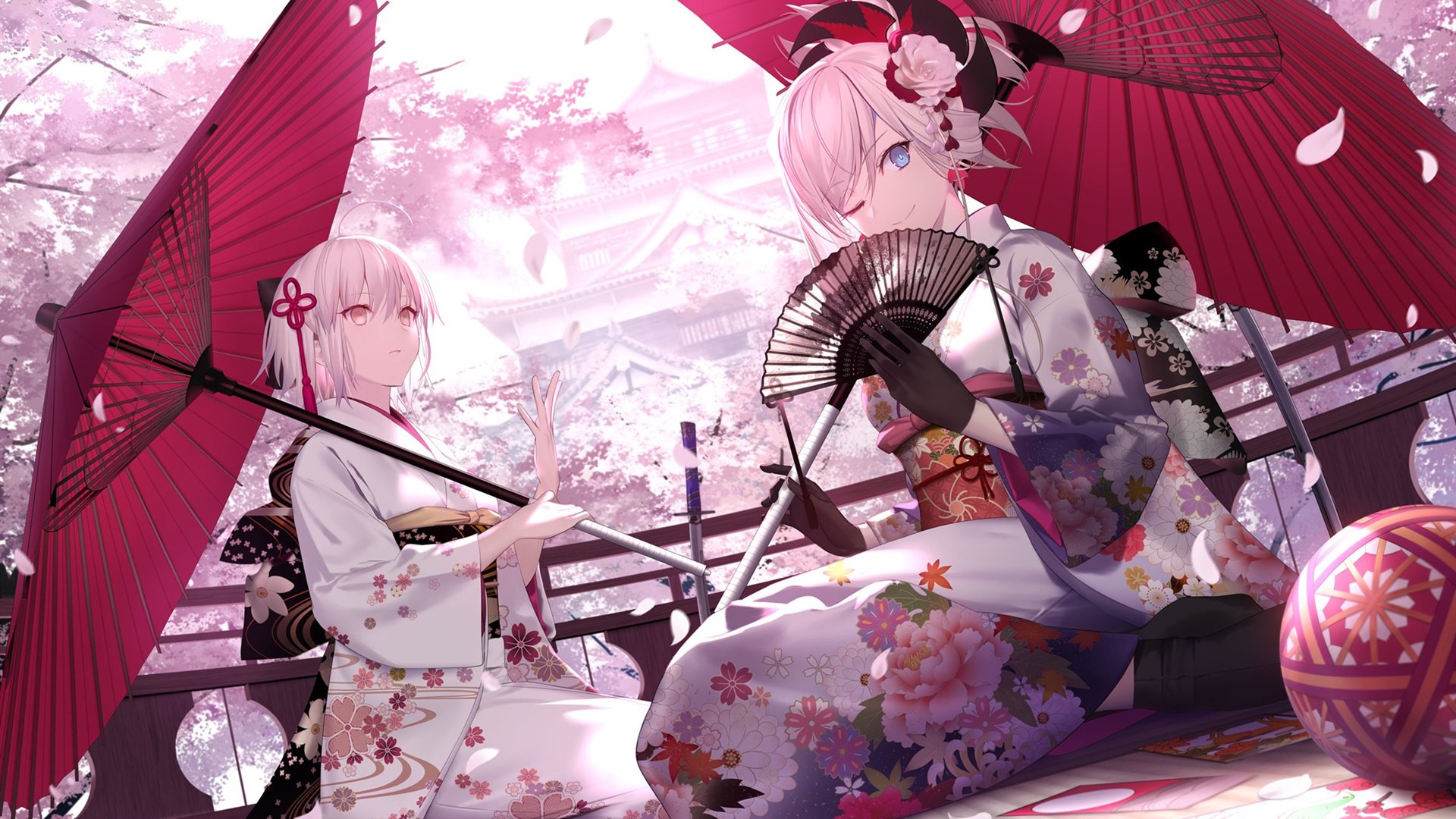 卡通人物 樱花 伞 和服