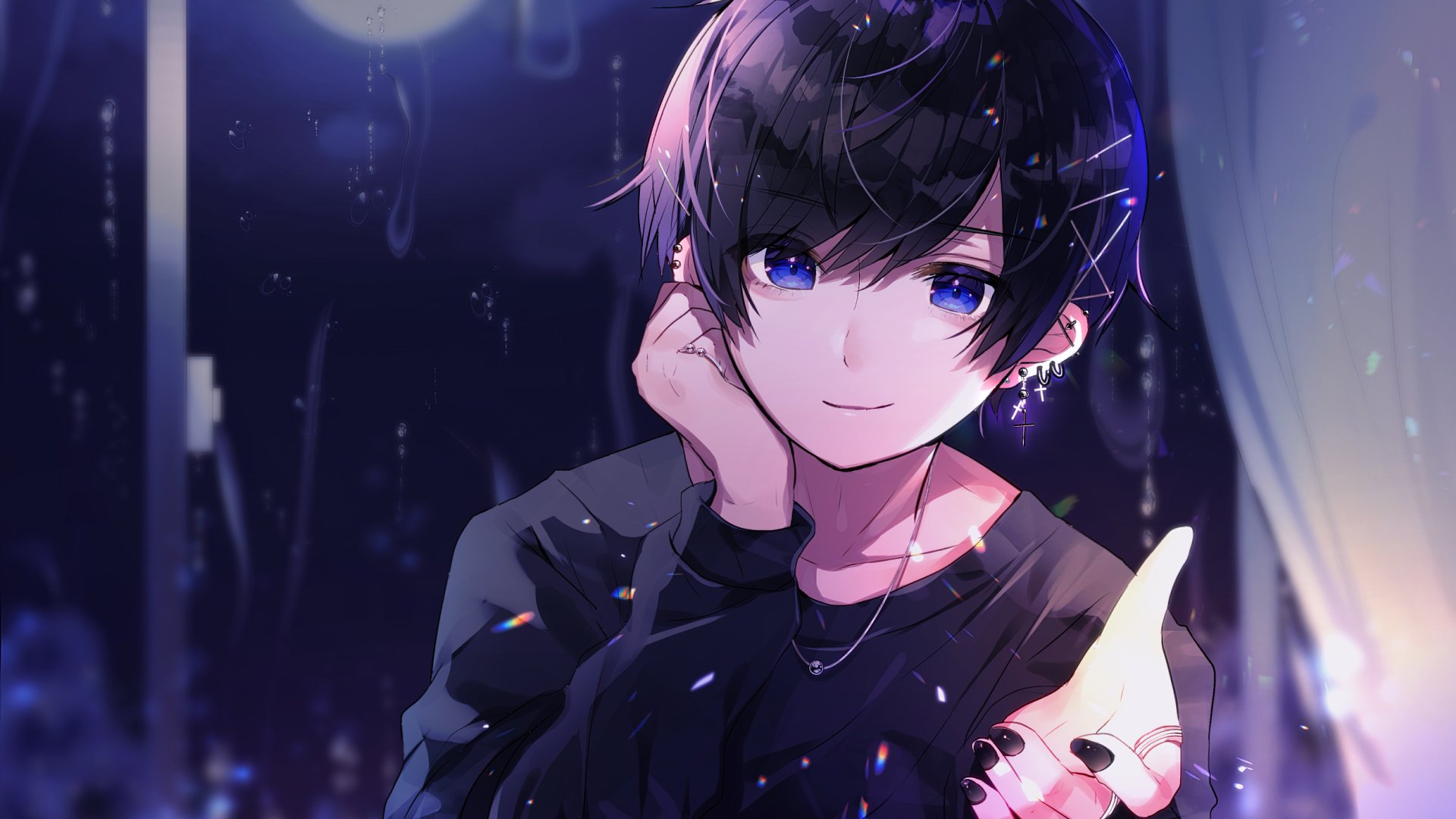 伸手 短发女孩 项链 一排耳环