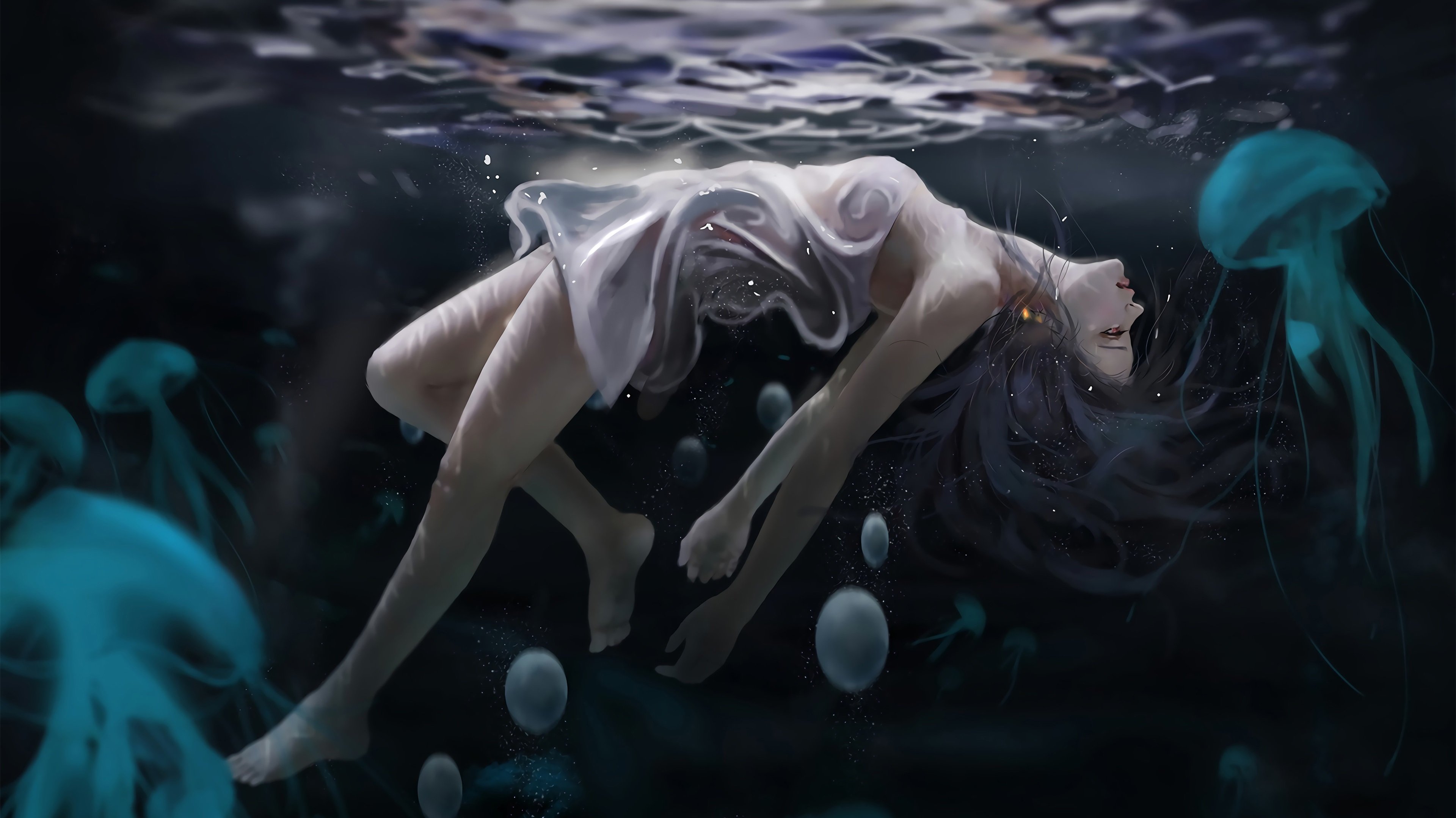 卡通人物 水母 漂浮 水下 女孩