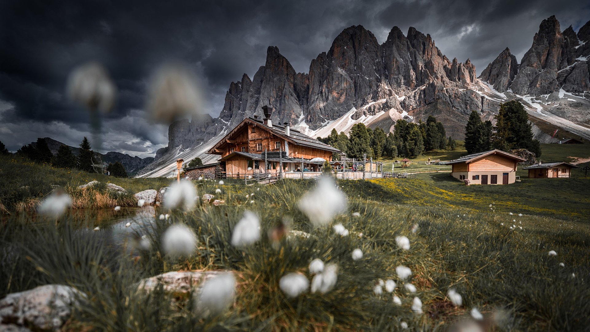 自然风光 雪山 小屋 草地