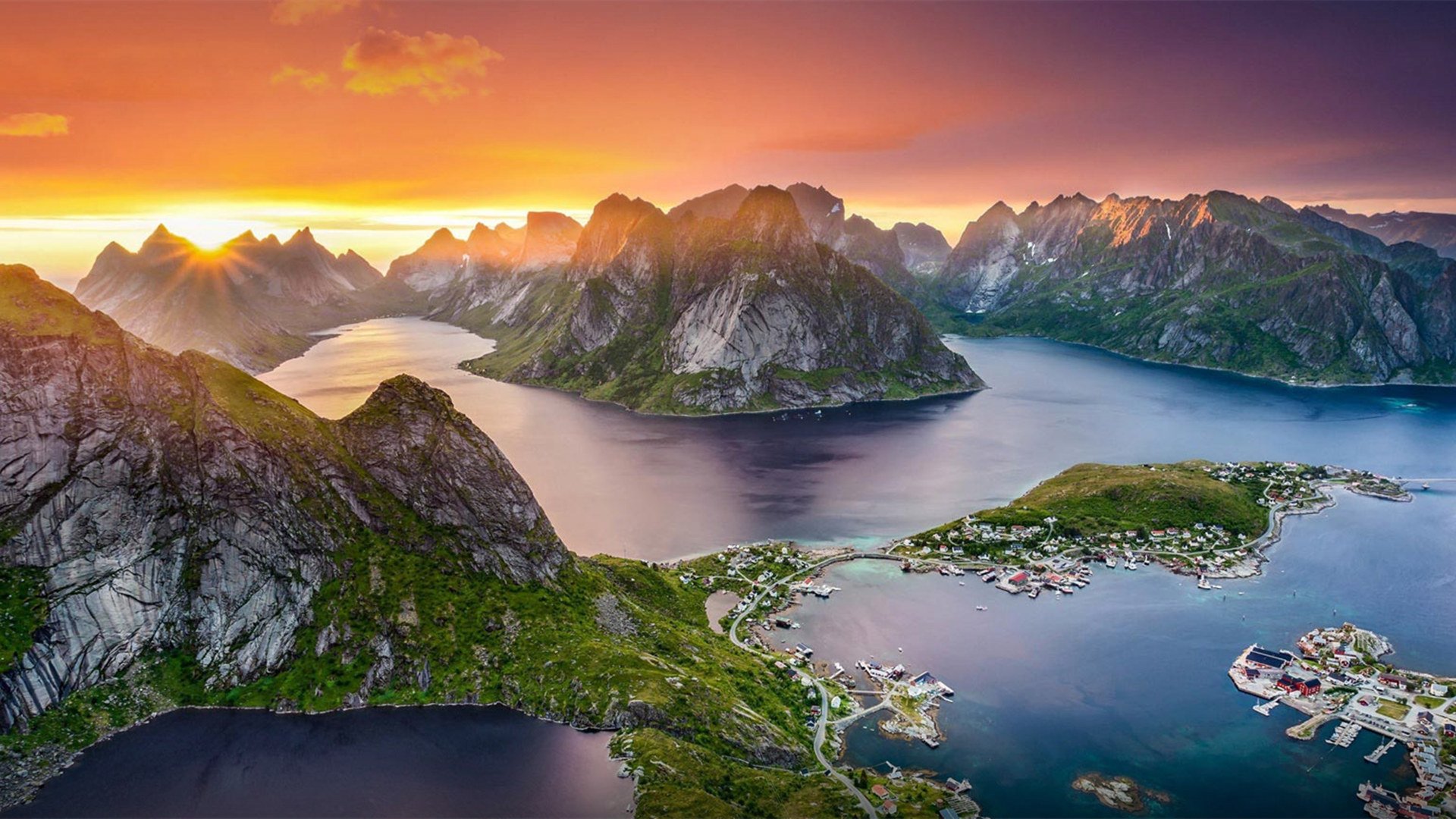 自然风光 小镇 湖 岛 山脉 日出