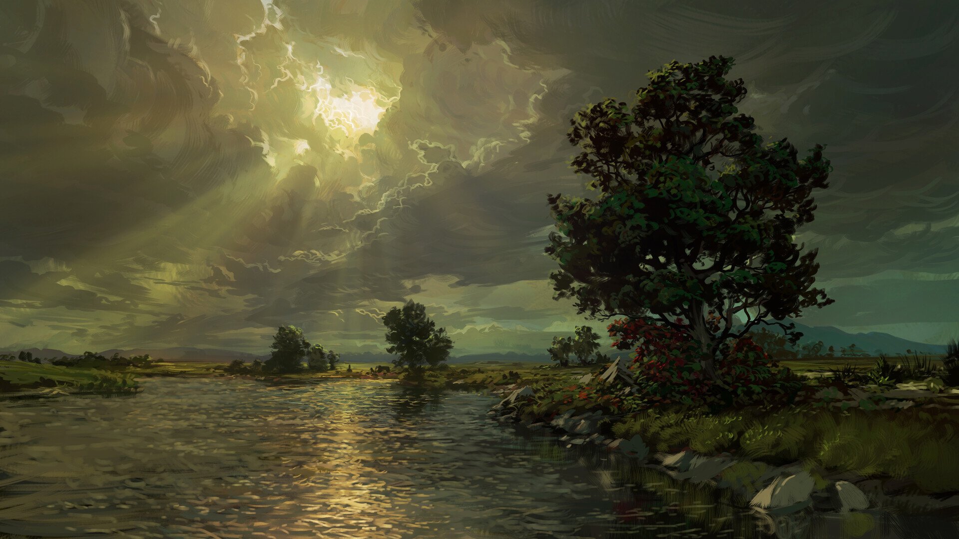 阴天 河畔 波光凌凌 阳光