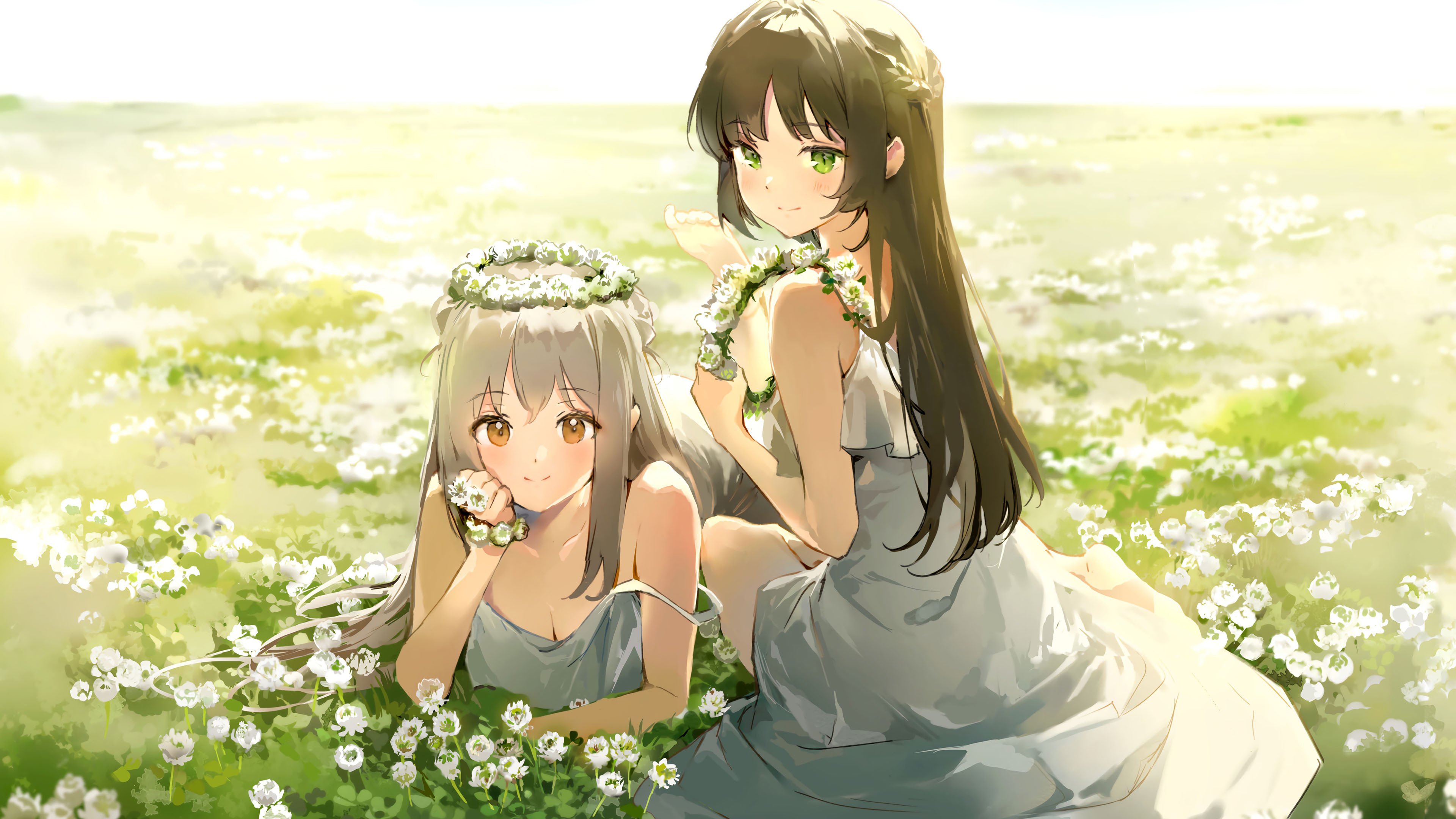 姐妹 女孩子 花冠 百合 花海