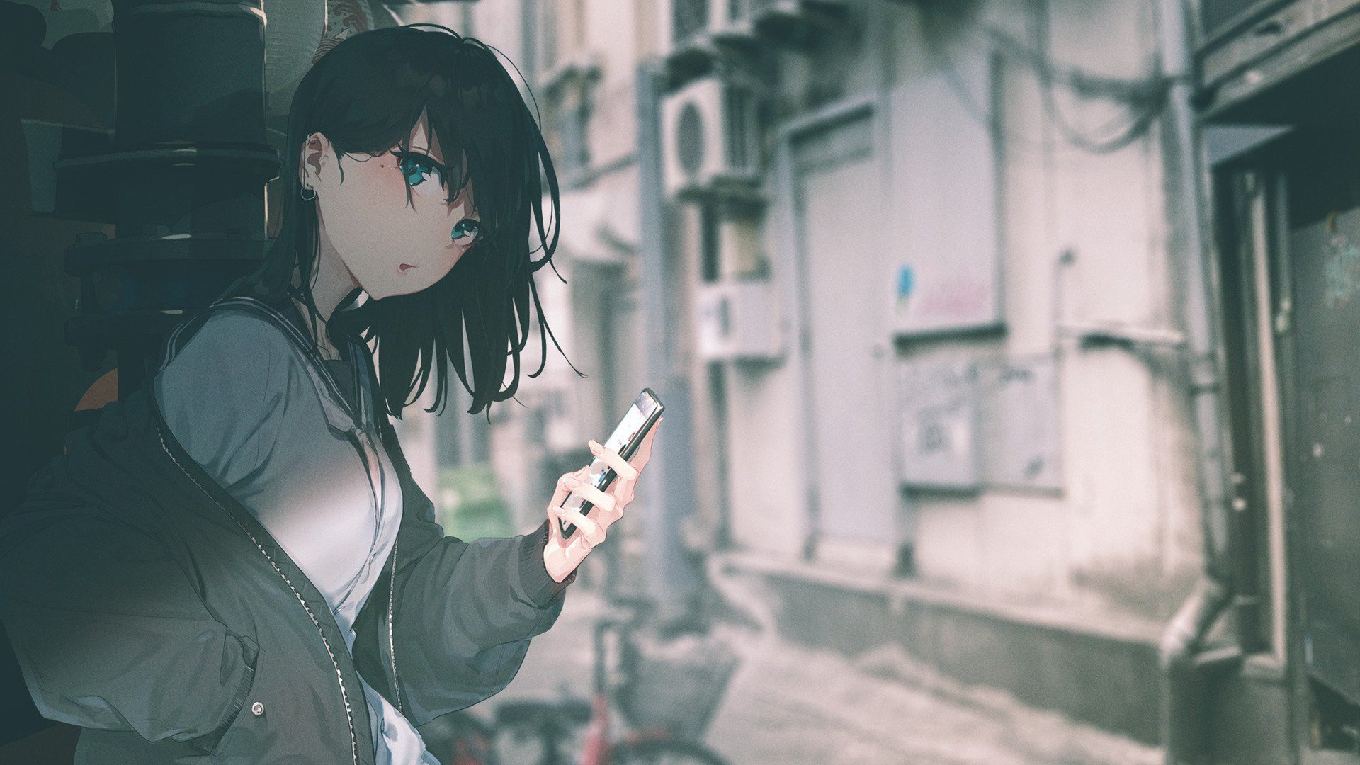 卡通人物 小巷子 手机 女孩