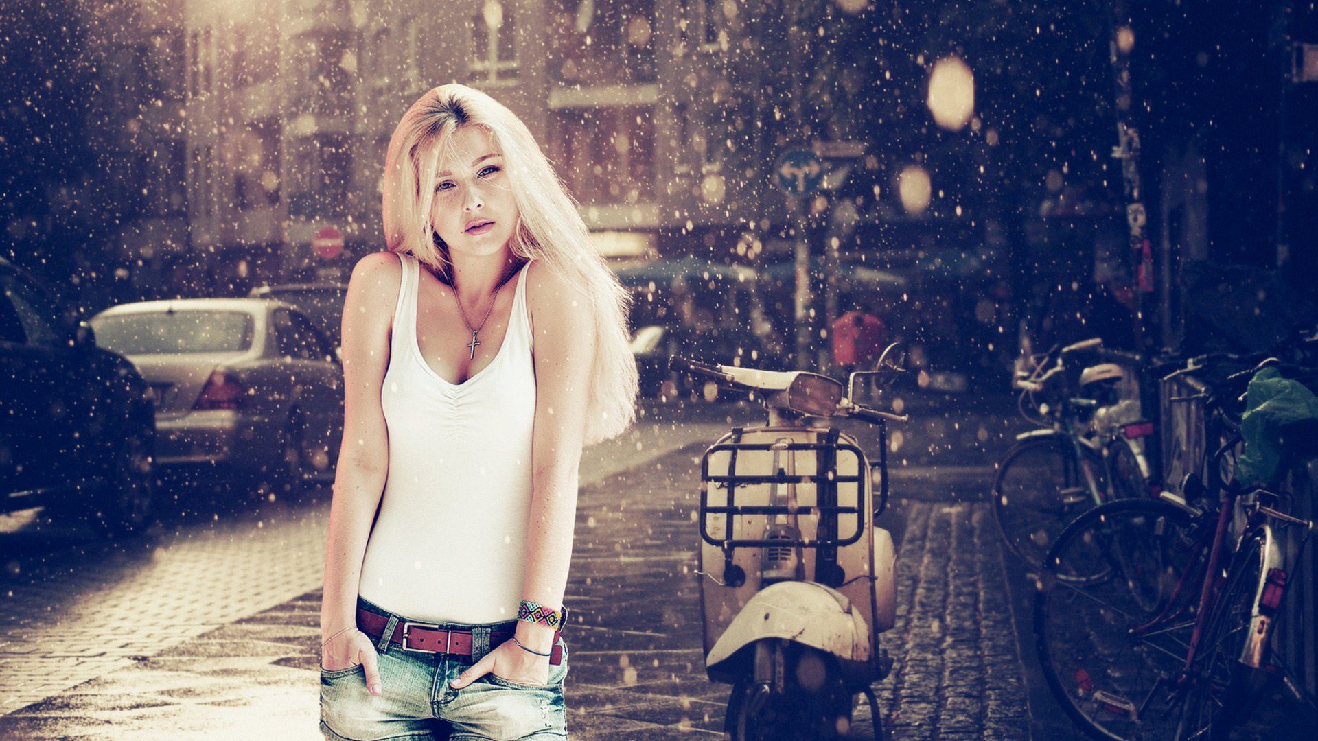 欧美女神 下雪 冬天 寒冷 牛仔裤 街头