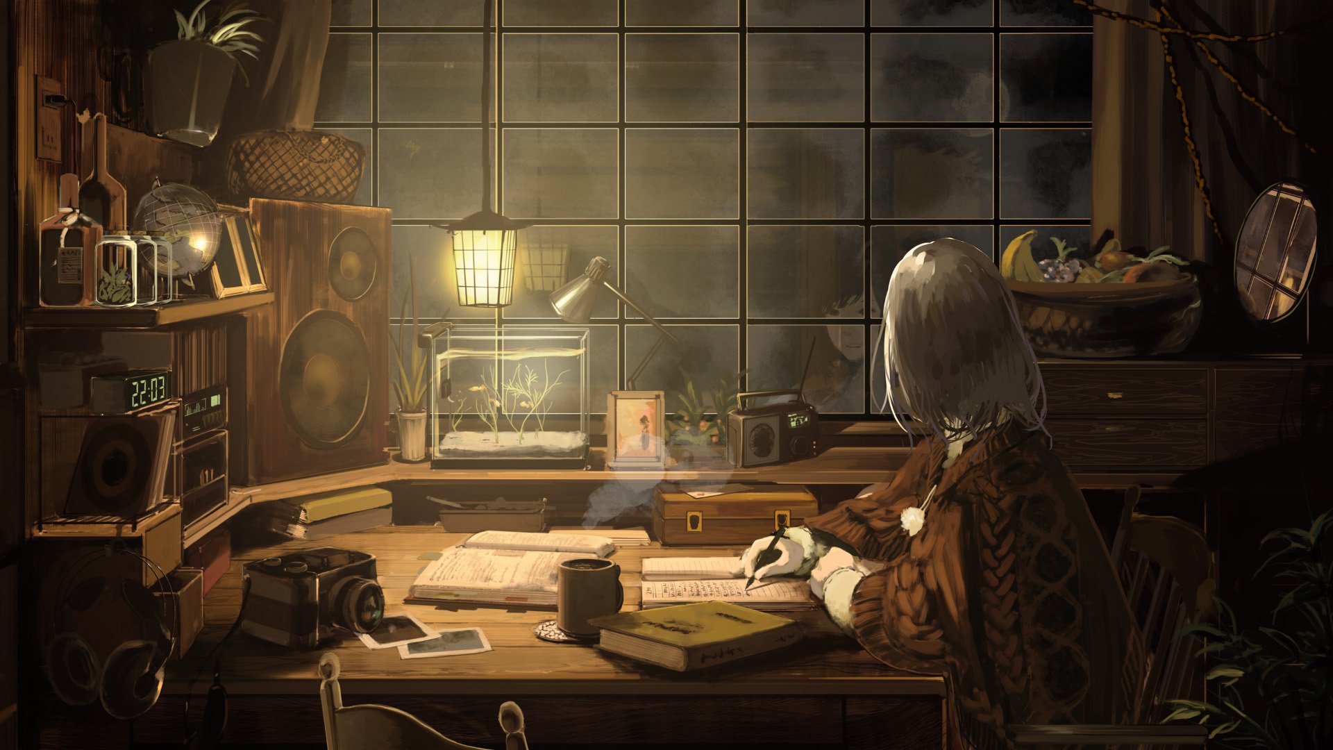 深夜 学习 工作 窗户倒影