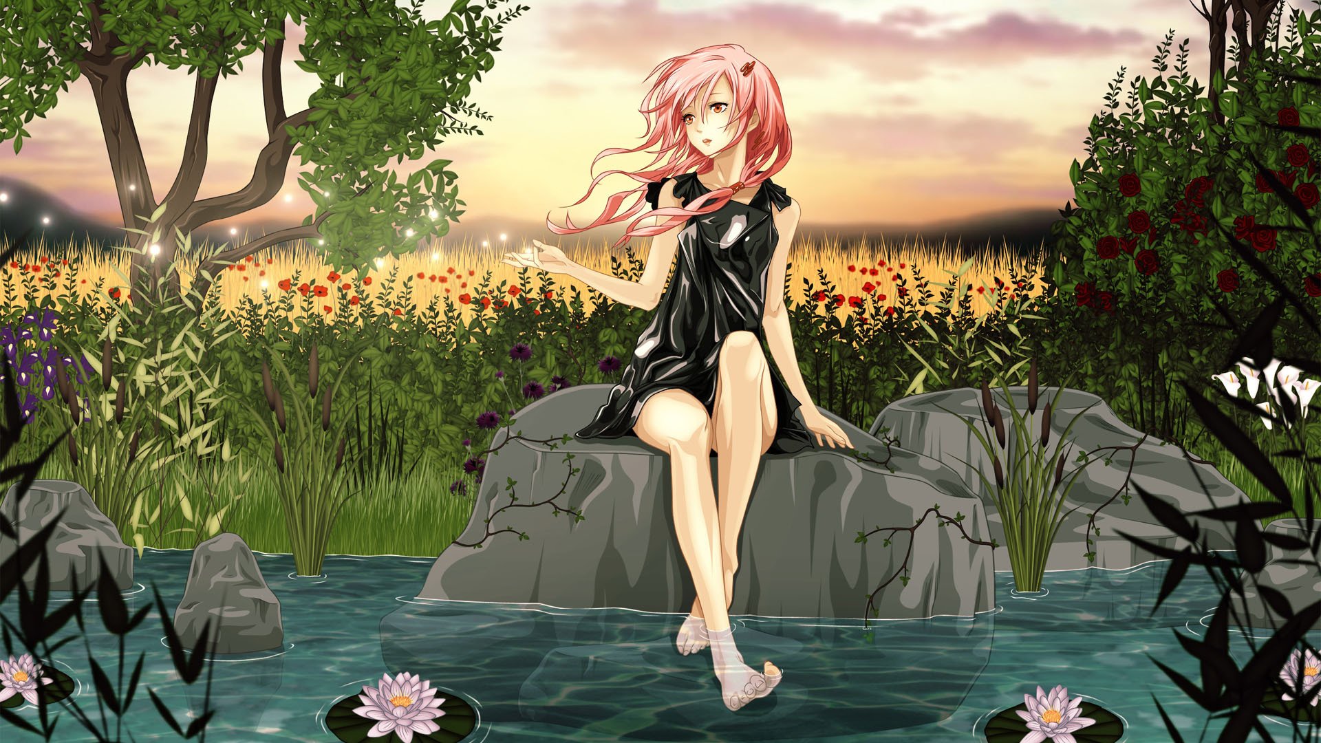 卡通人物 莲花 小溪 夏天 田野