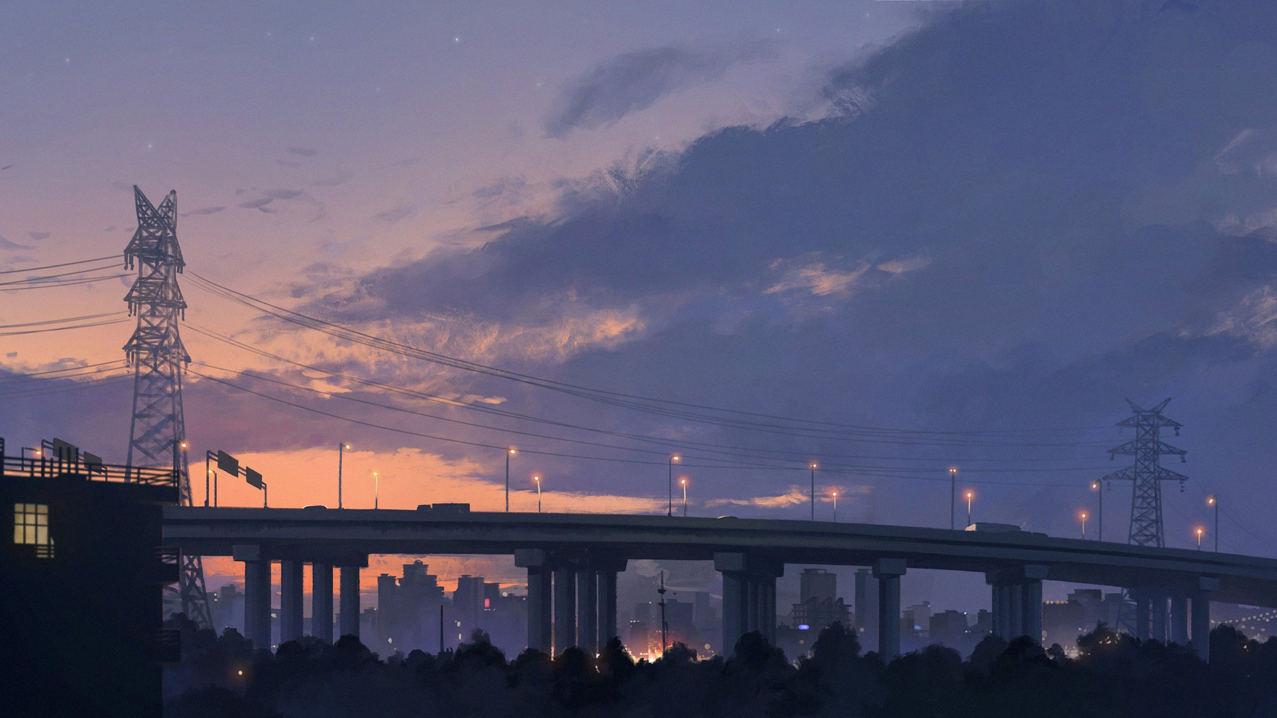 城市夜景 晚霞 高架桥 输电线