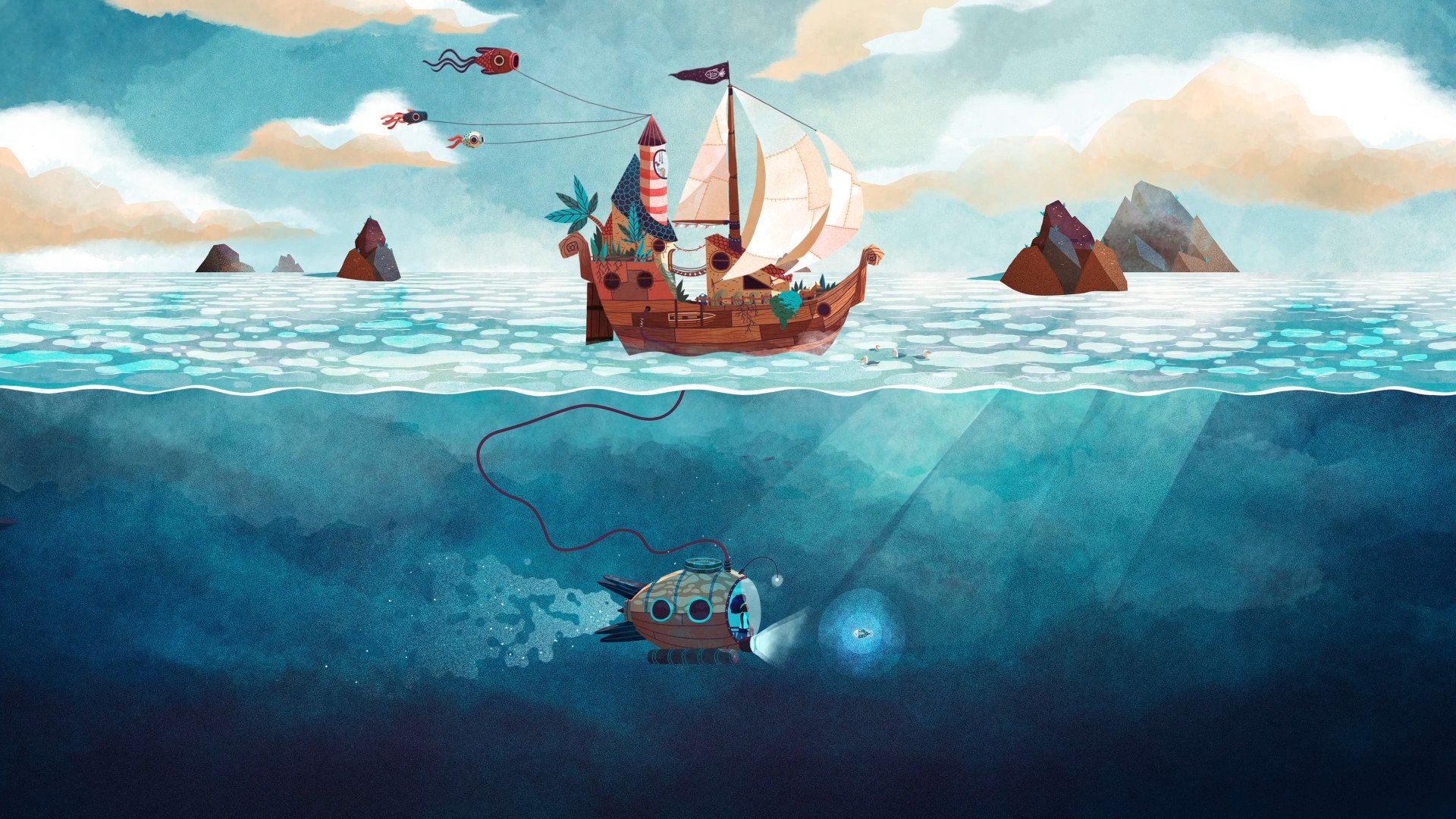 帆船 潜艇 阳光 卡通世界