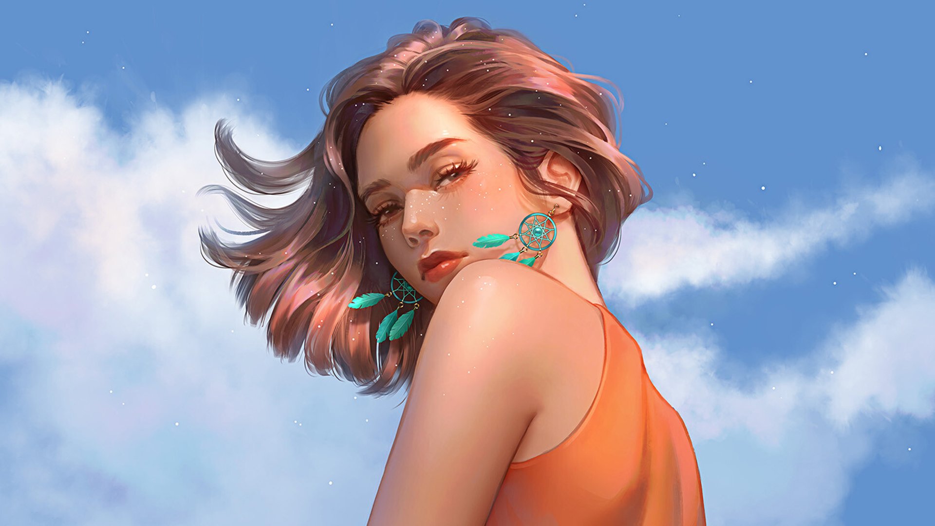 夏天女孩 耳环 短发 蓝天白云