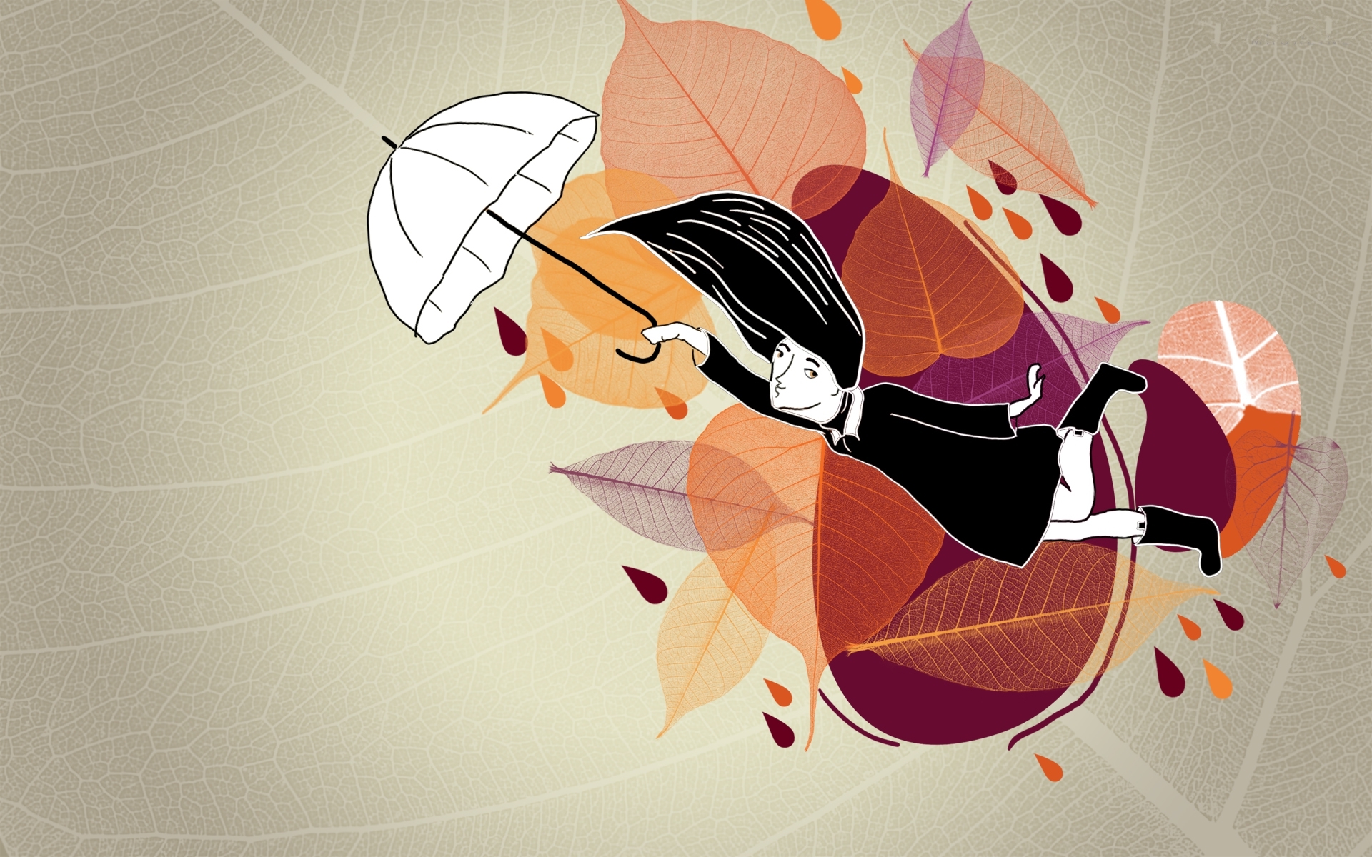 手绘 树叶 雨伞