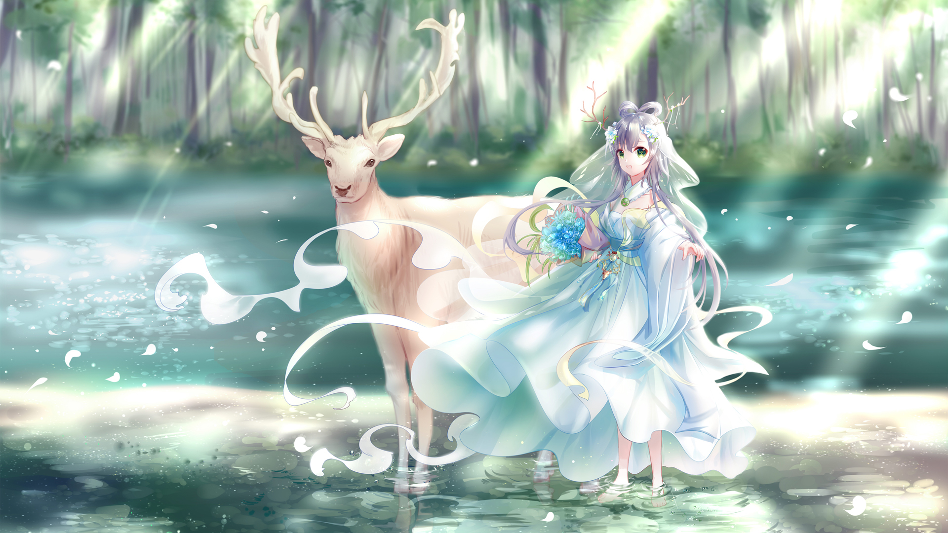 动漫  洛天依 森林 水上鹿   绿天依