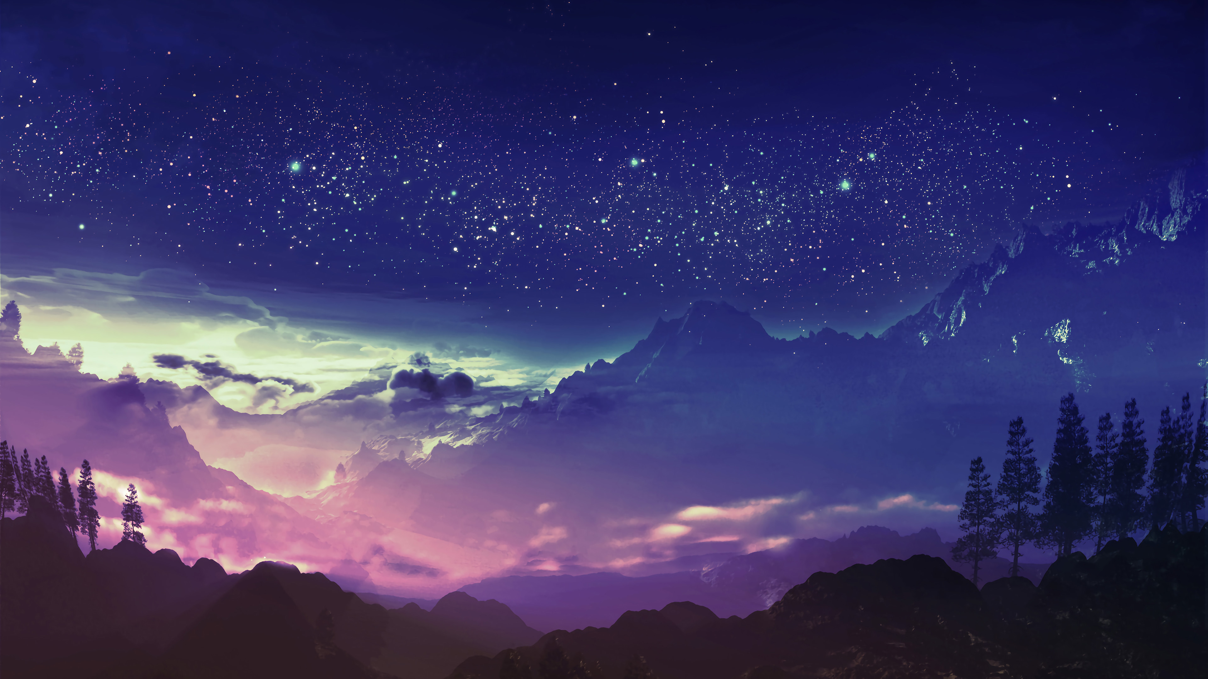 4K 风景 奇幻梦境 山峰 星空 繁星 云雾 夜晚