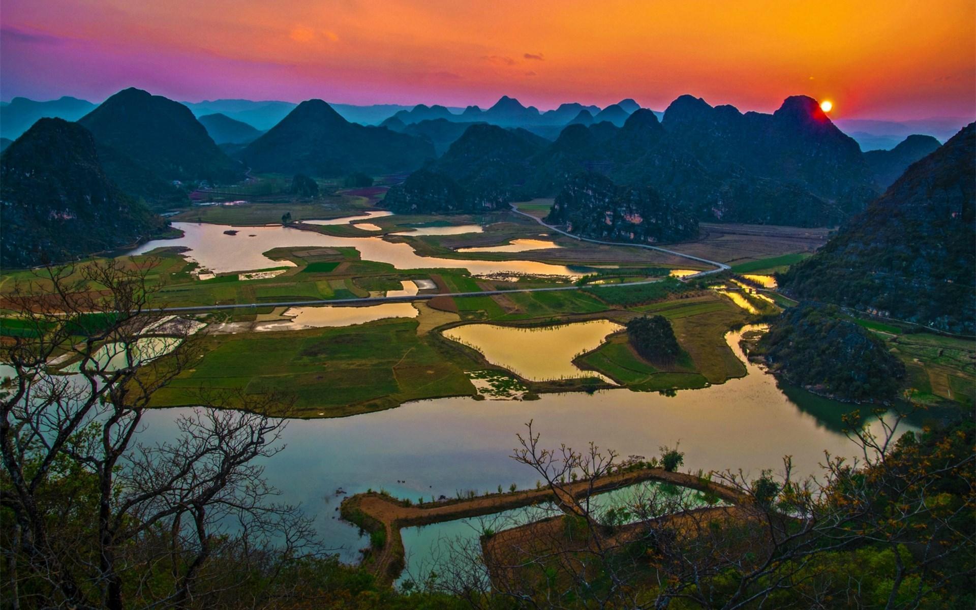 风景 云南 落日余晖 普者黑景观 宽屏