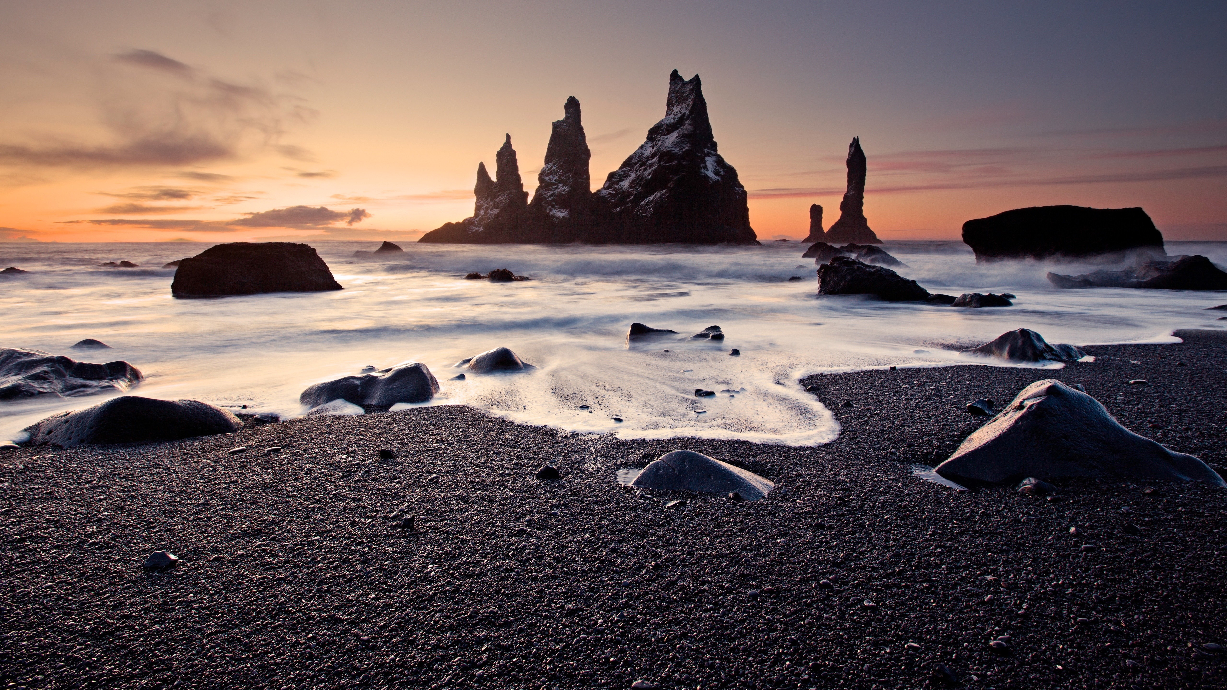 4K 风景 海滩 夕阳 落日 大海 礁石