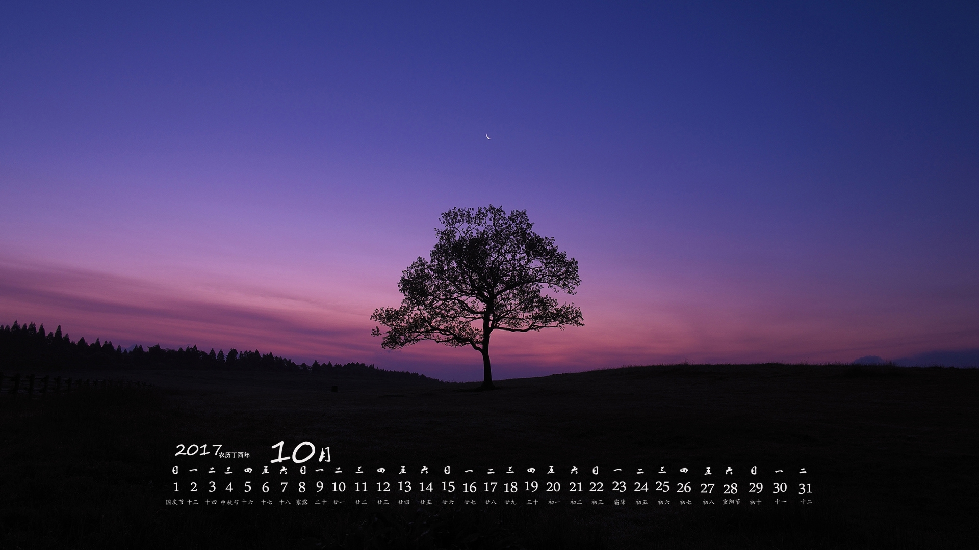 月历 2017年10月 夜空 树