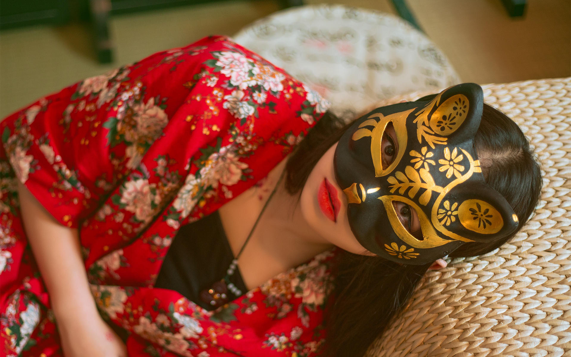 文艺古风 清纯 可爱 红色汉服 面具