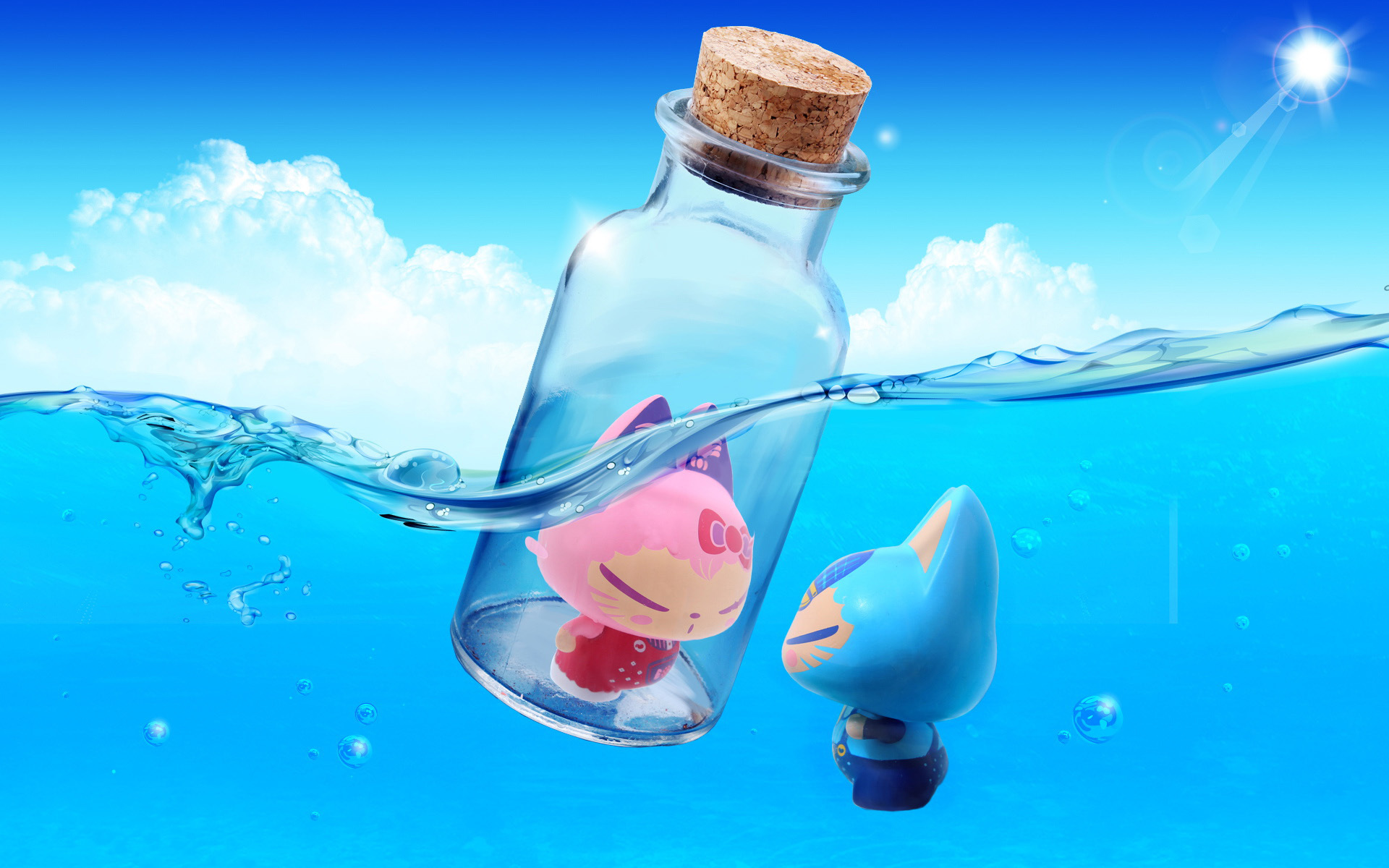 心动创意 拽猫 玻璃瓶 大海