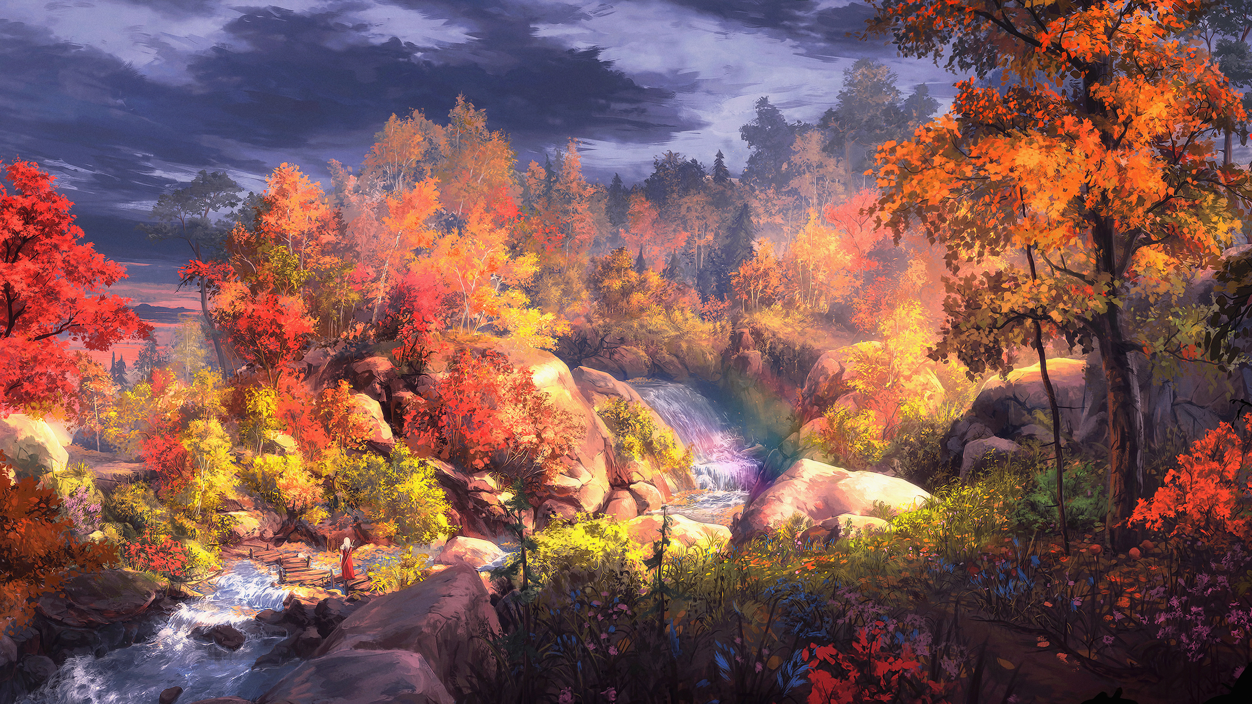 梦幻秋画 树 自然风景 小溪 瀑布 河流 秋天风景