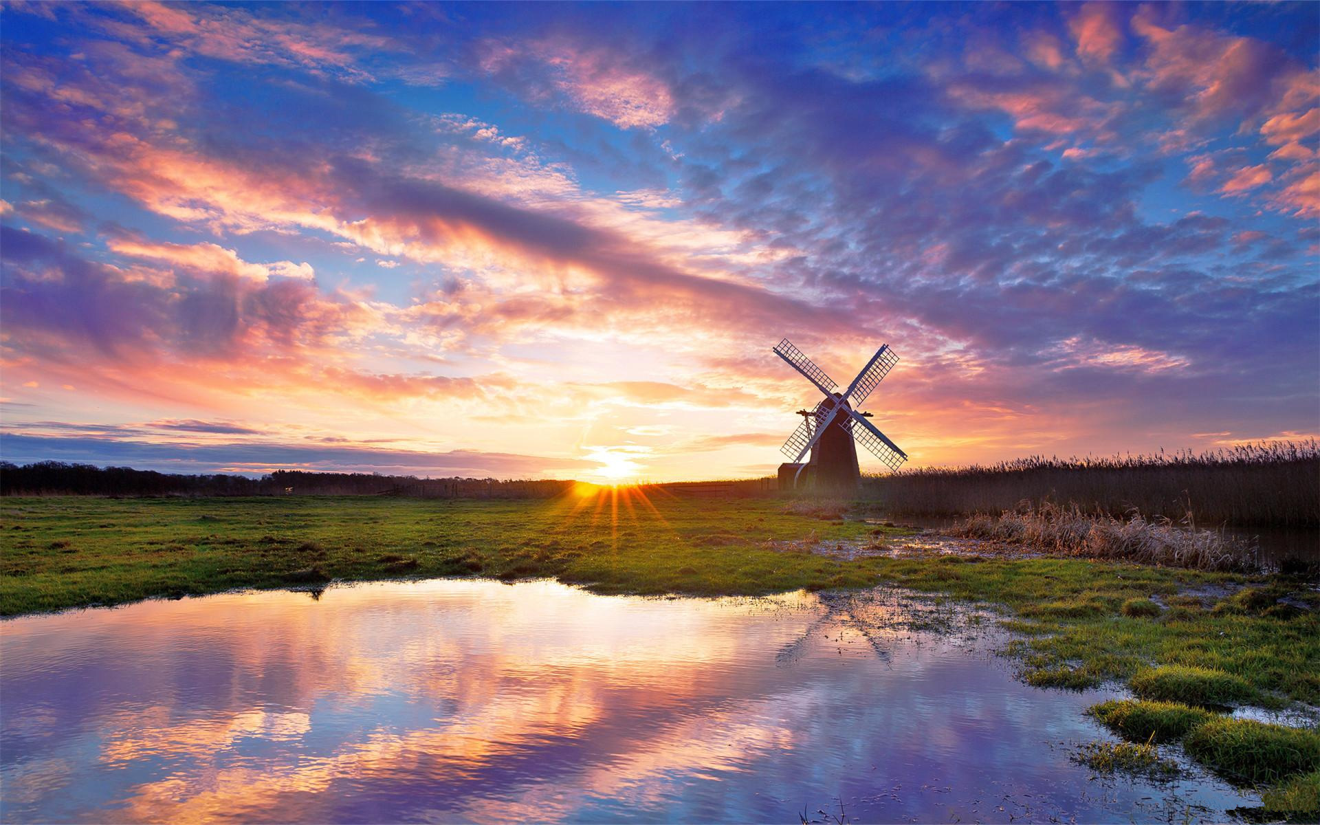 风景 自然风景 风车 晚霞 夕阳