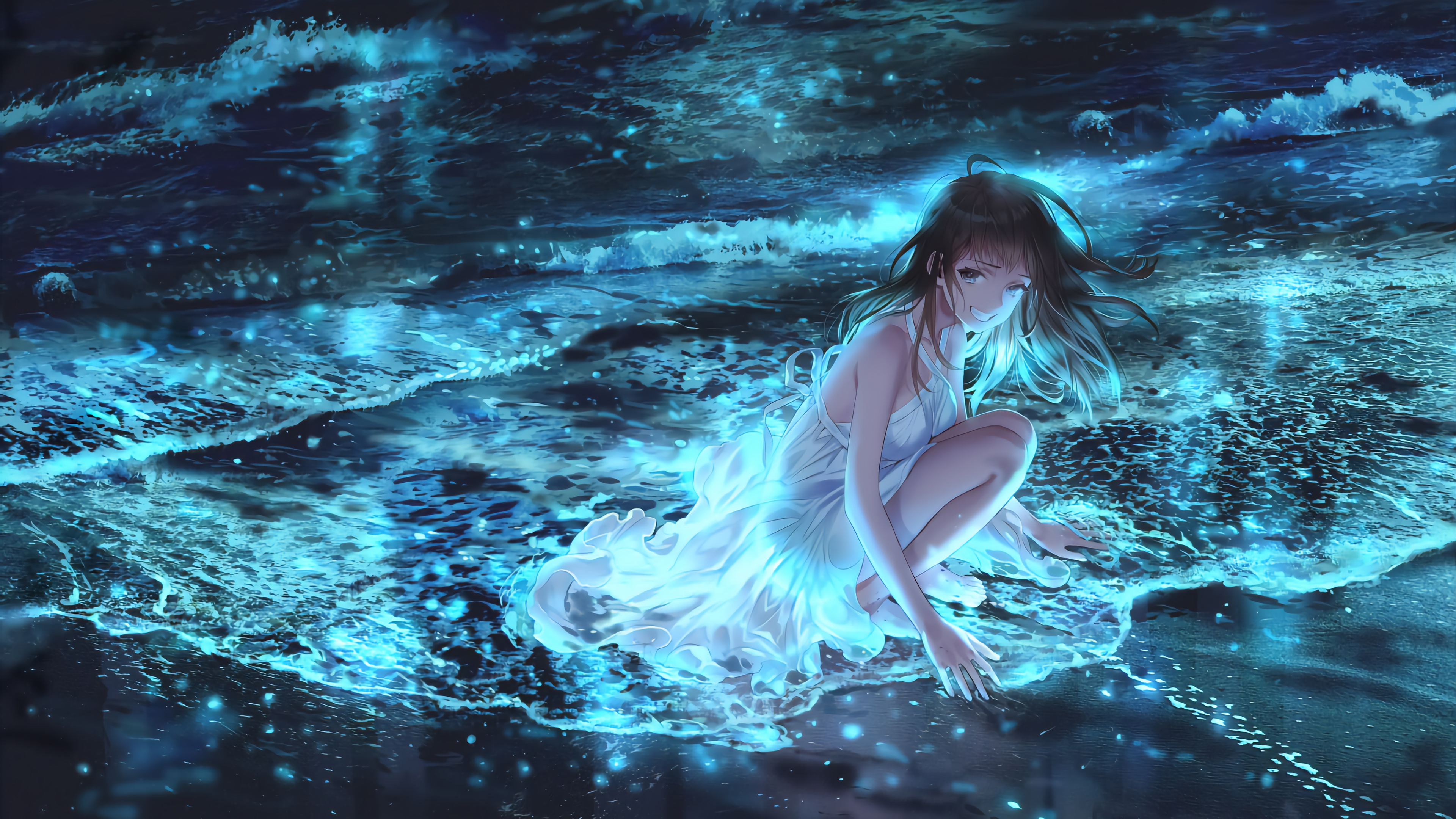 女孩 蹲着 海岸 海滩 波浪 风 夜晚