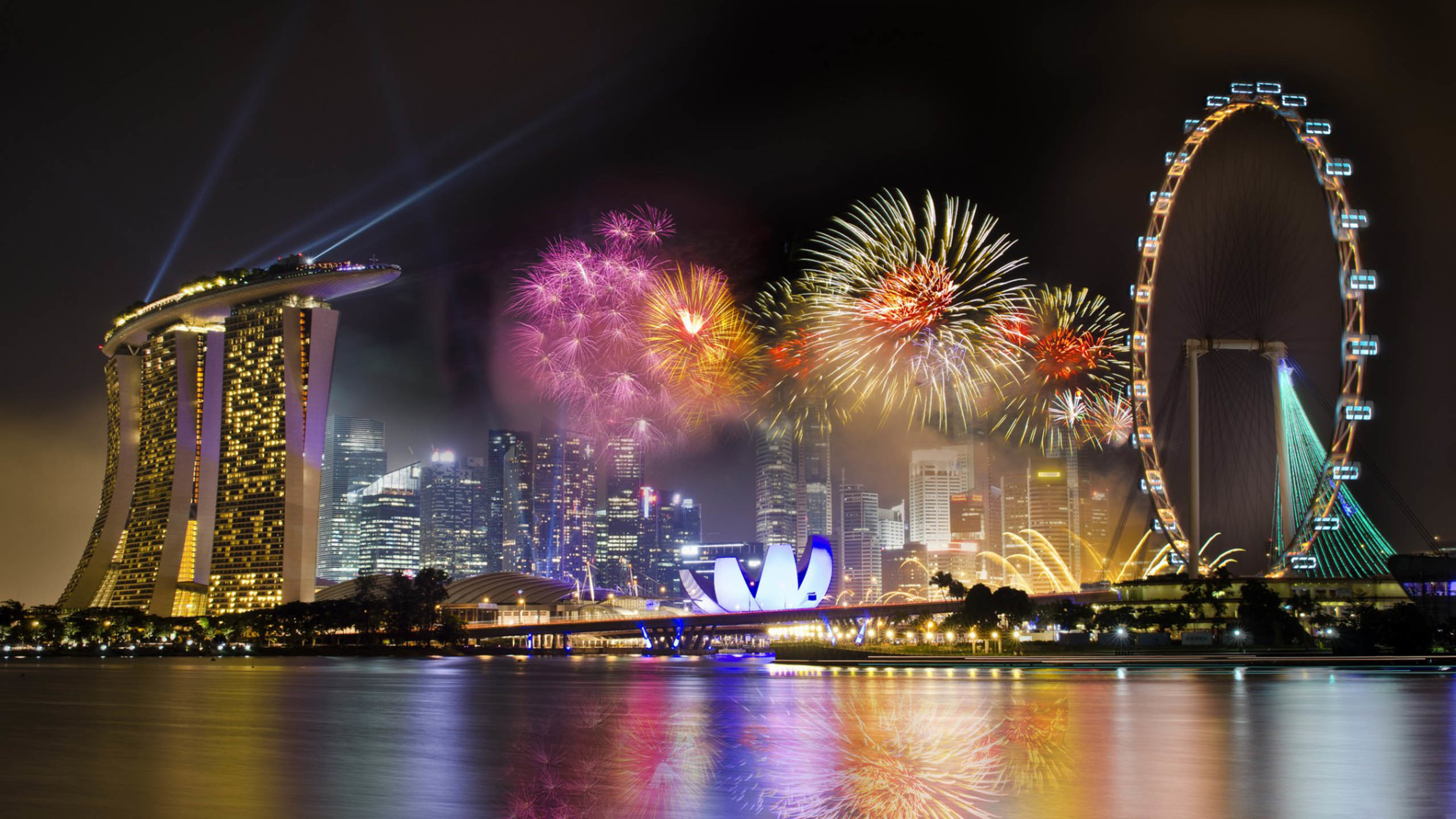 城市夜景 绚烂的烟花 旋转的摩天轮