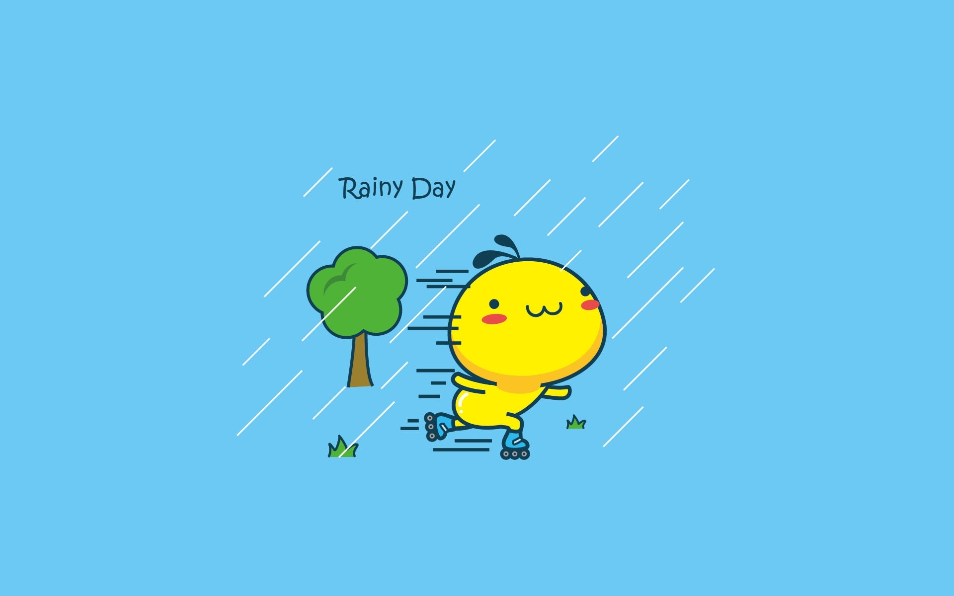 卡通人物 下雨 轮滑