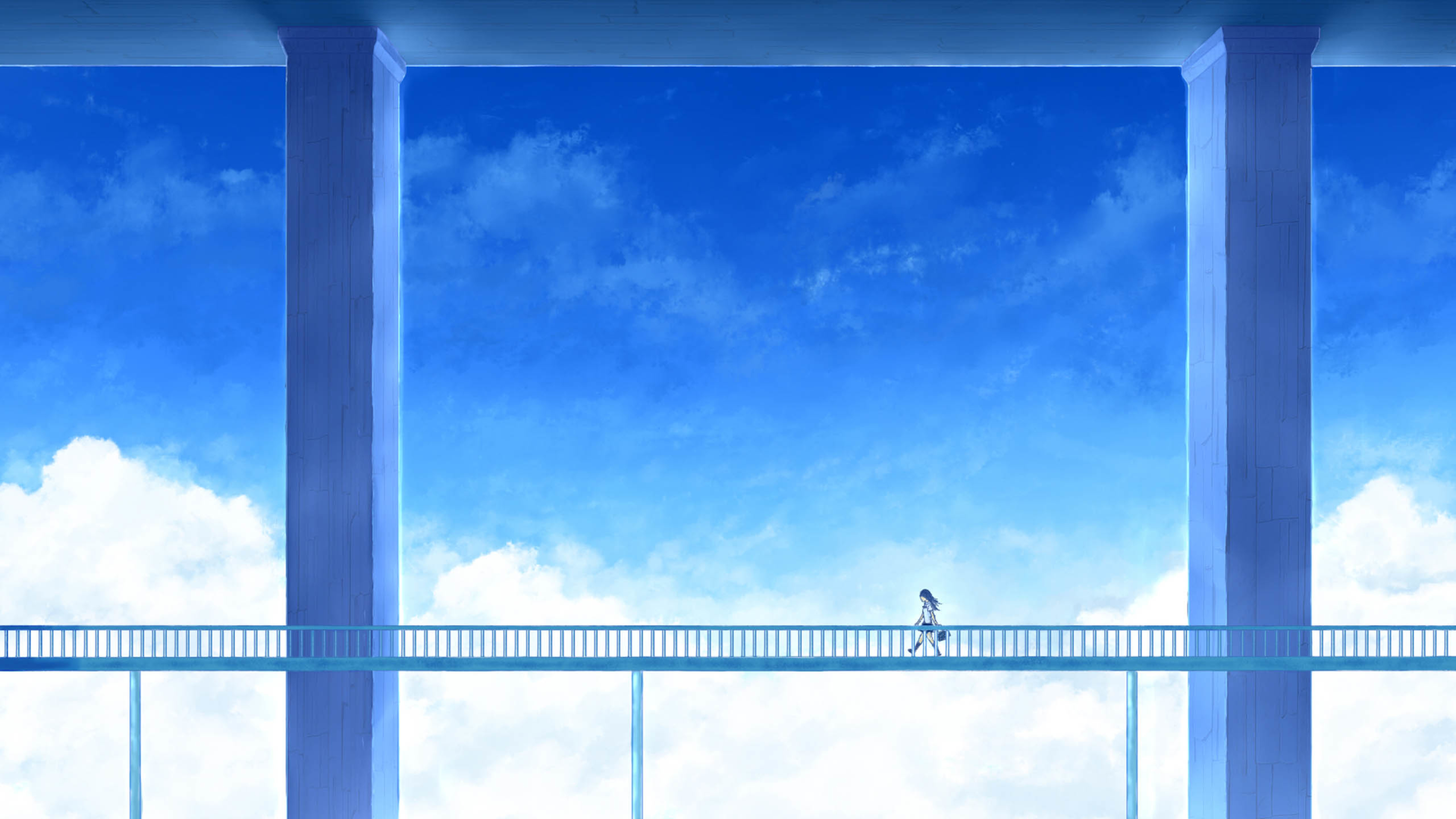 卡通 天桥上的女孩 蓝天白云
