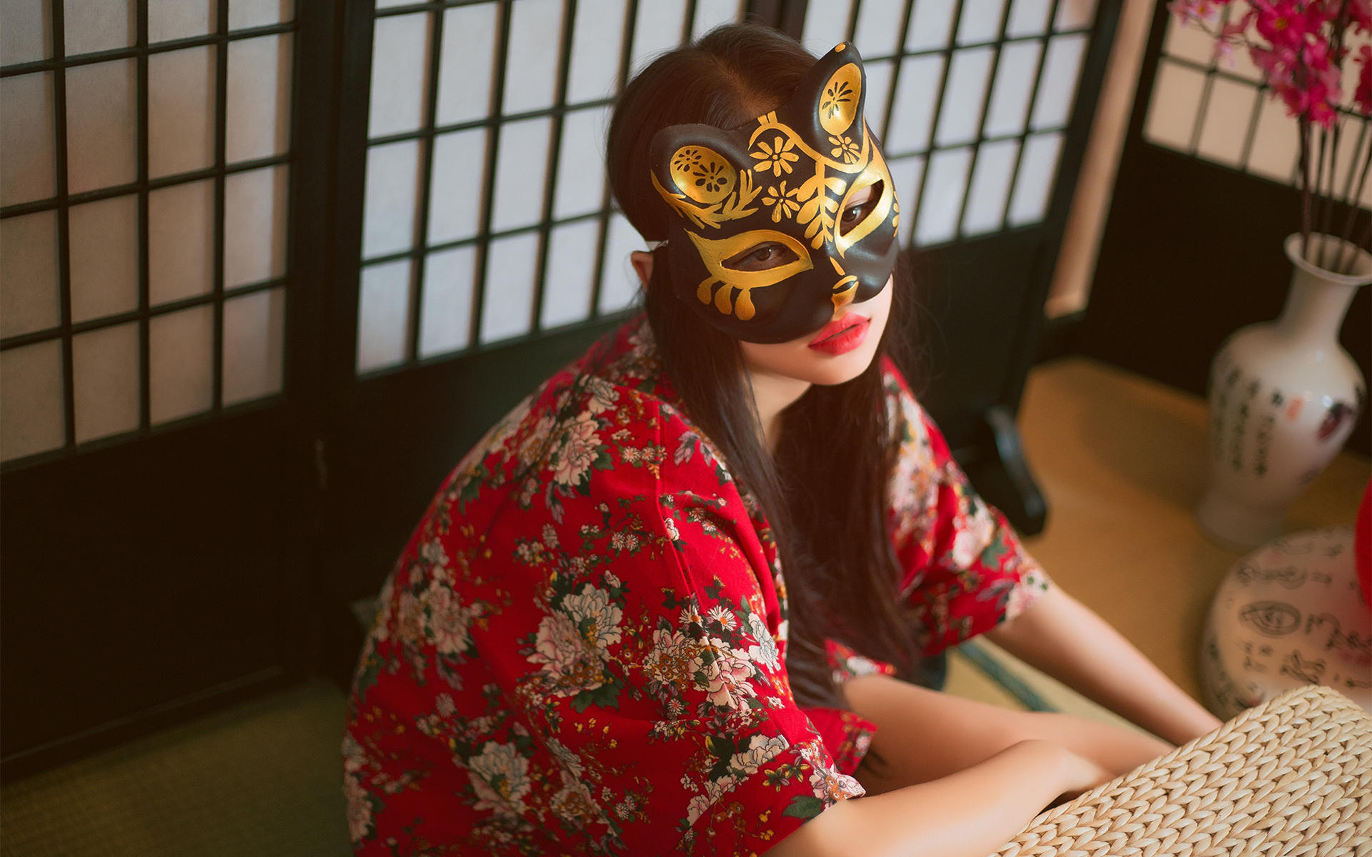 文艺古风 清纯 可爱 红色汉服 面具