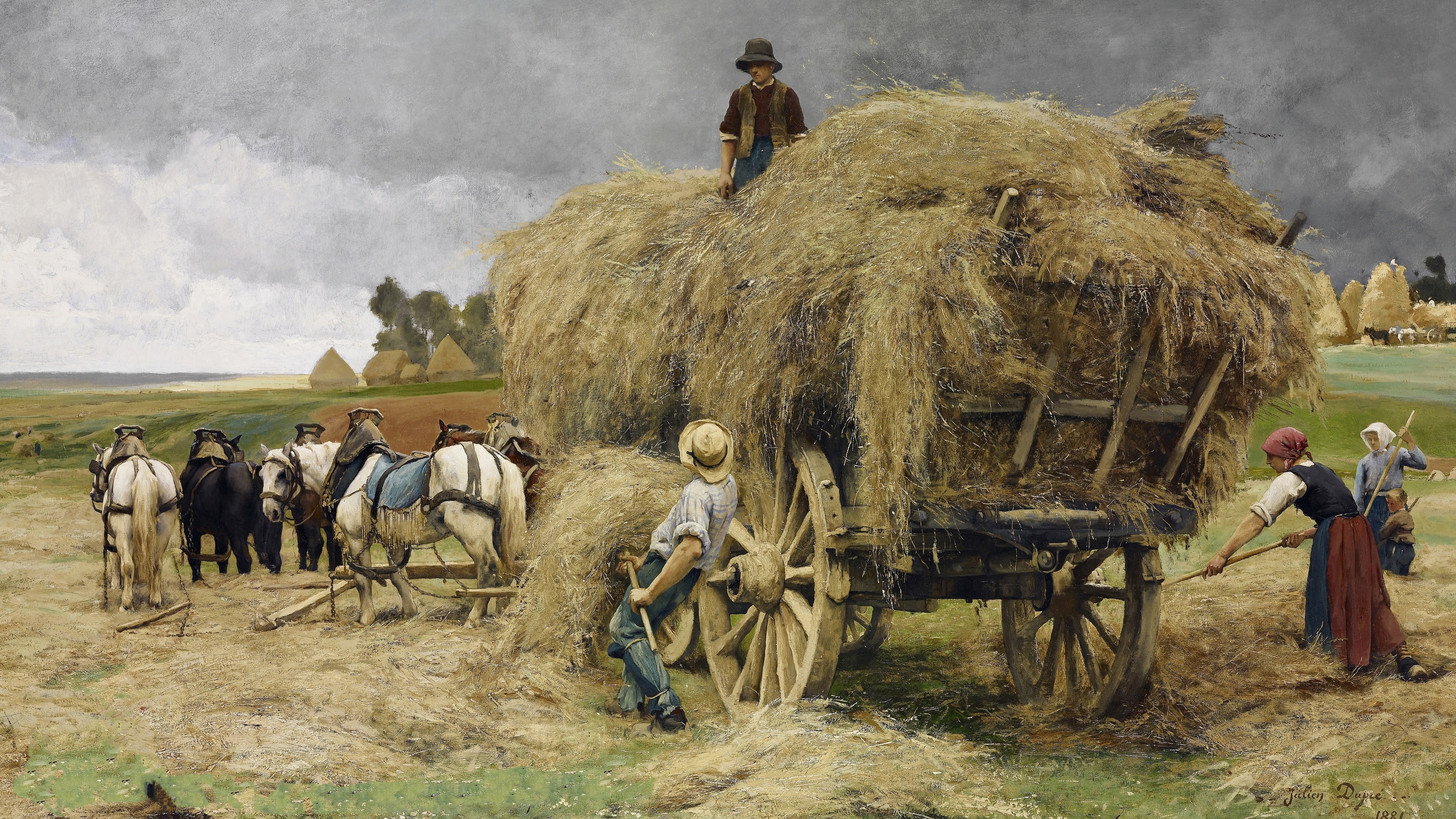 油画 收割 马车
