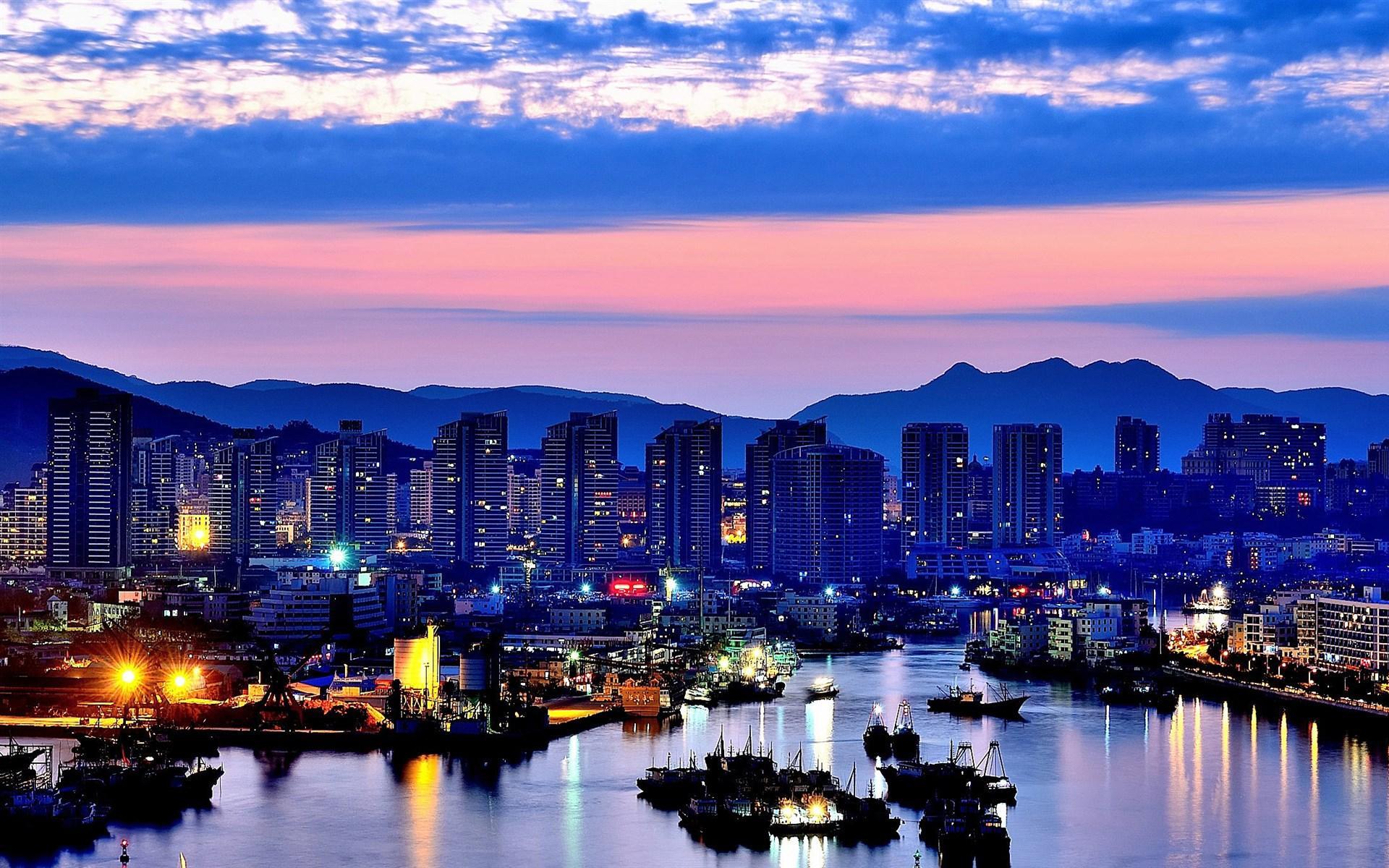 风景 海南 三亚亚龙湾 晚霞 灯火阑珊 宽屏