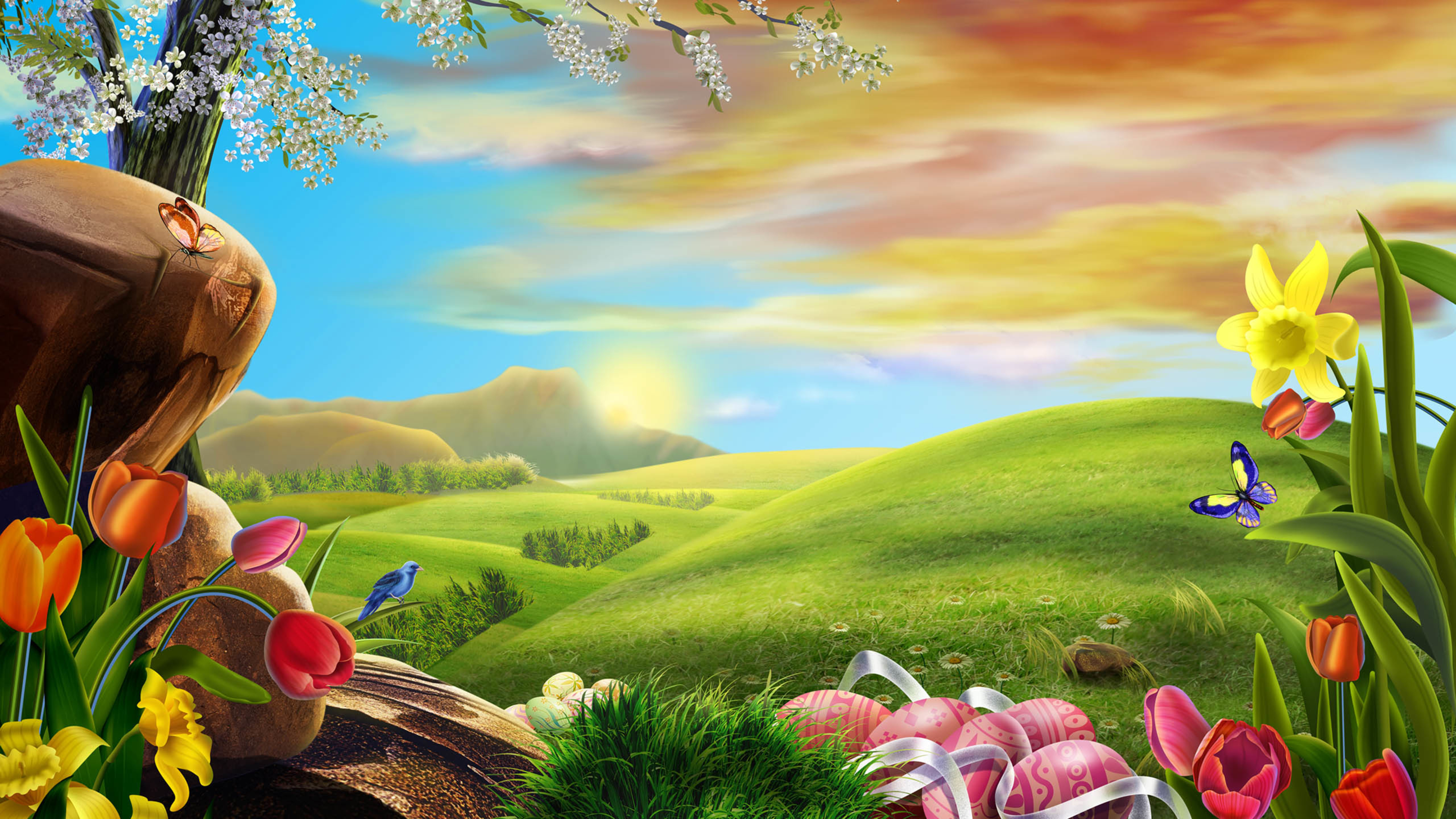 动画 草地 小鸟