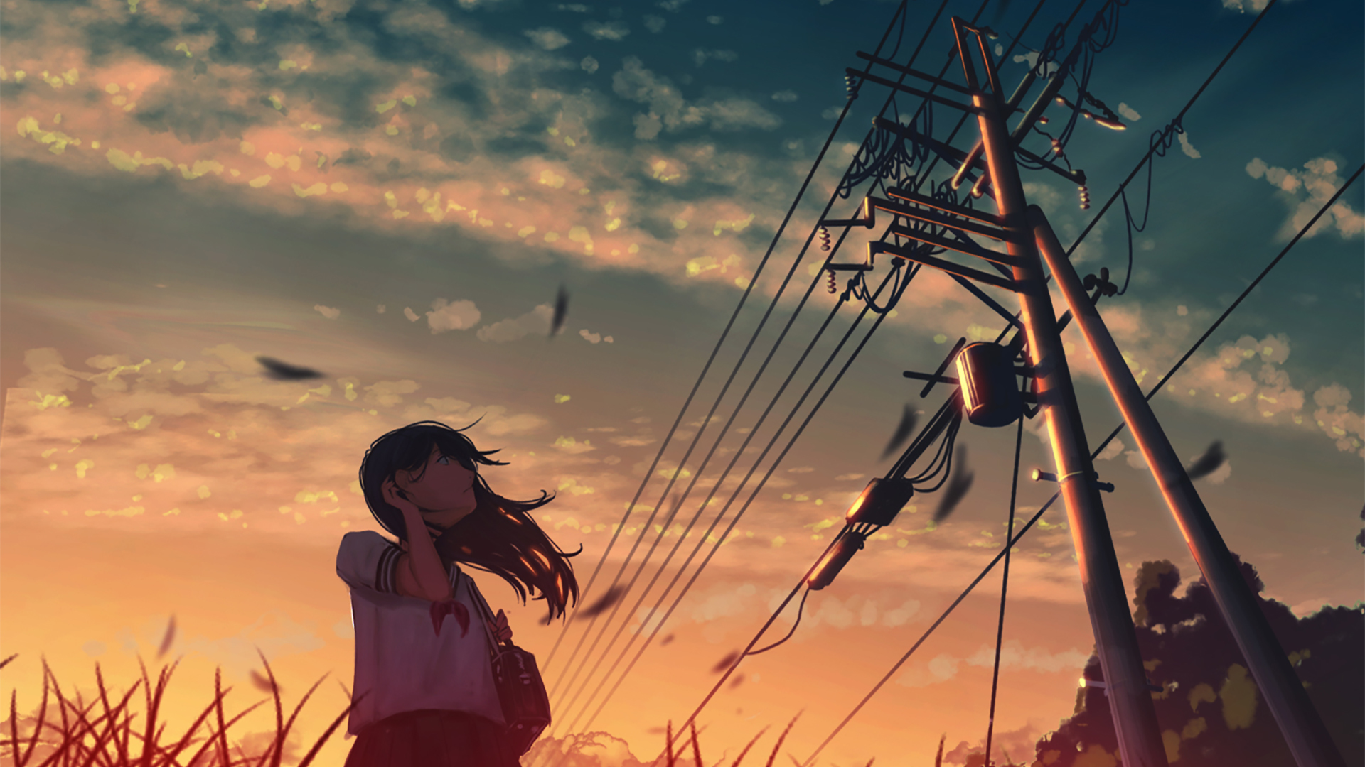 卡通人物 晚霞 小镇