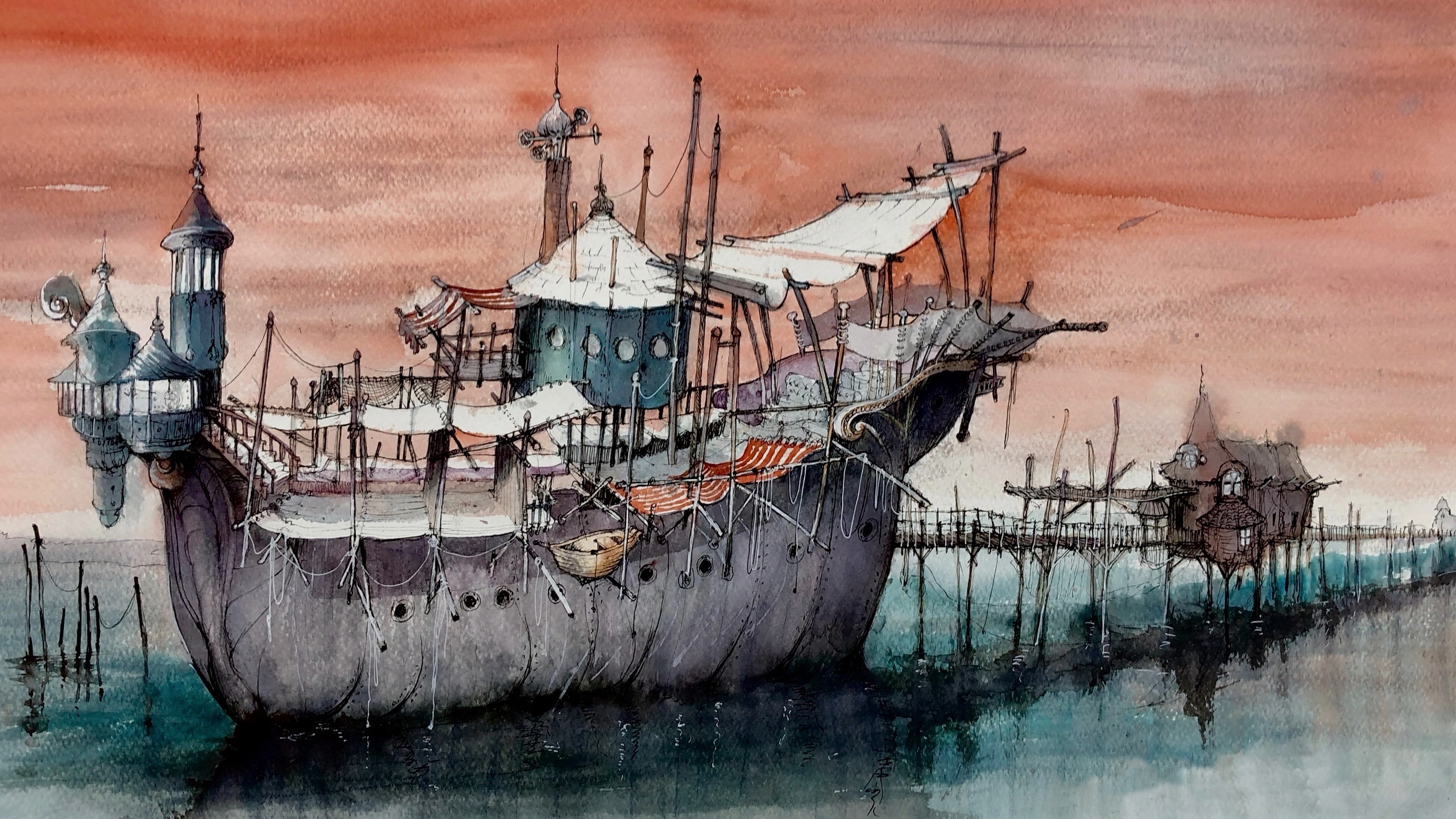 船 抽象 油画 启航