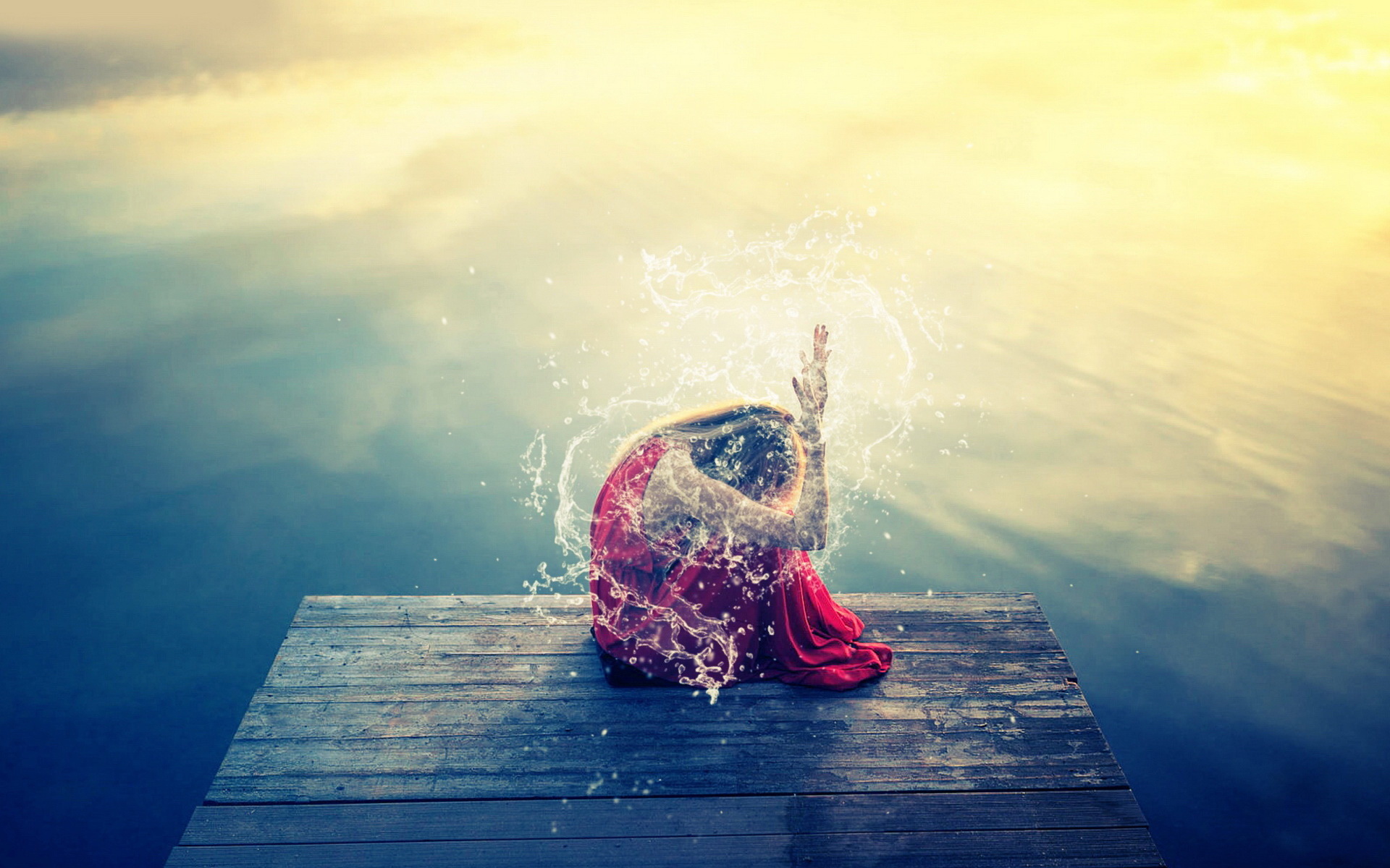 美女 清新 河边 洒水