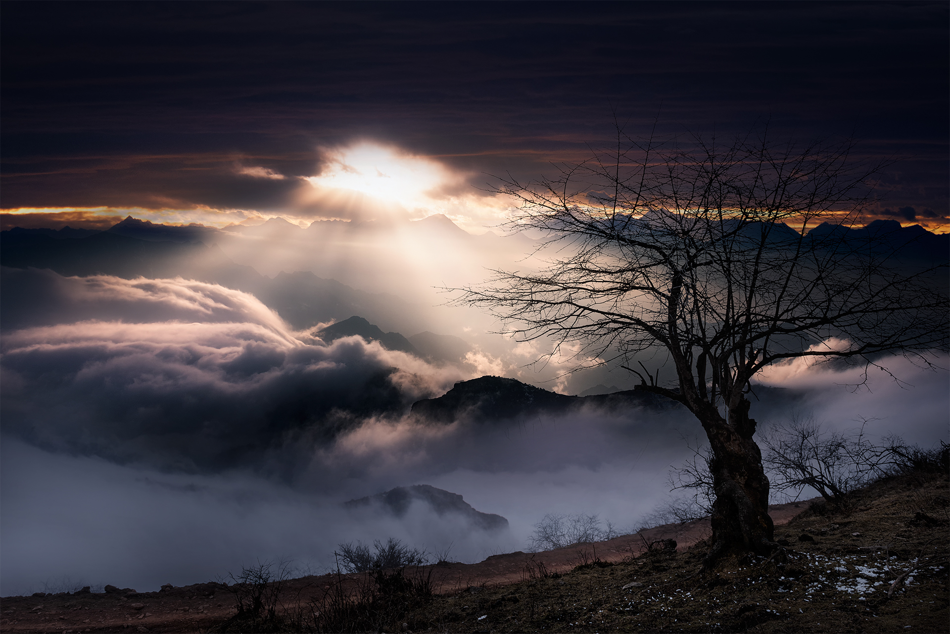 风景 雪山 小月坡 云雾 夕阳 朝阳