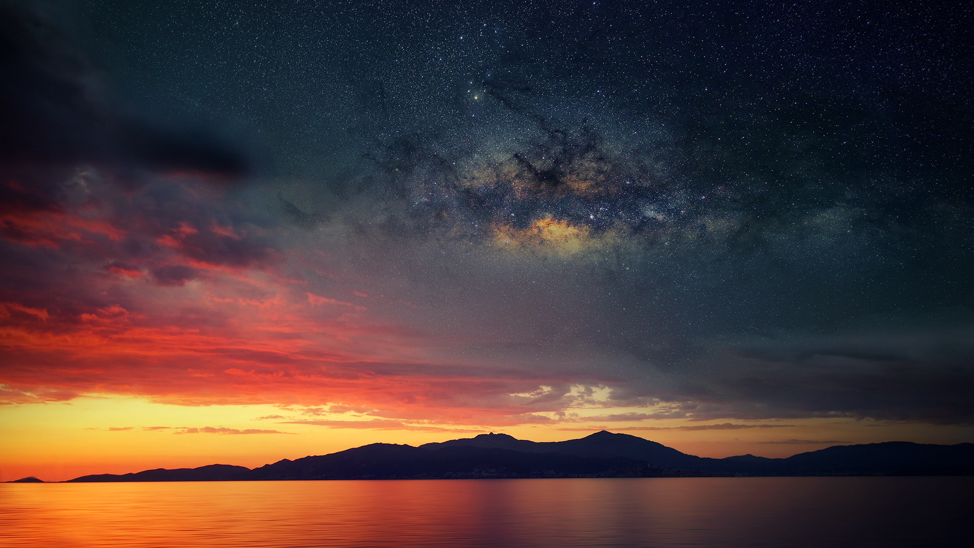 黄昏 火烧云 星空 璀璨 湖水 山水