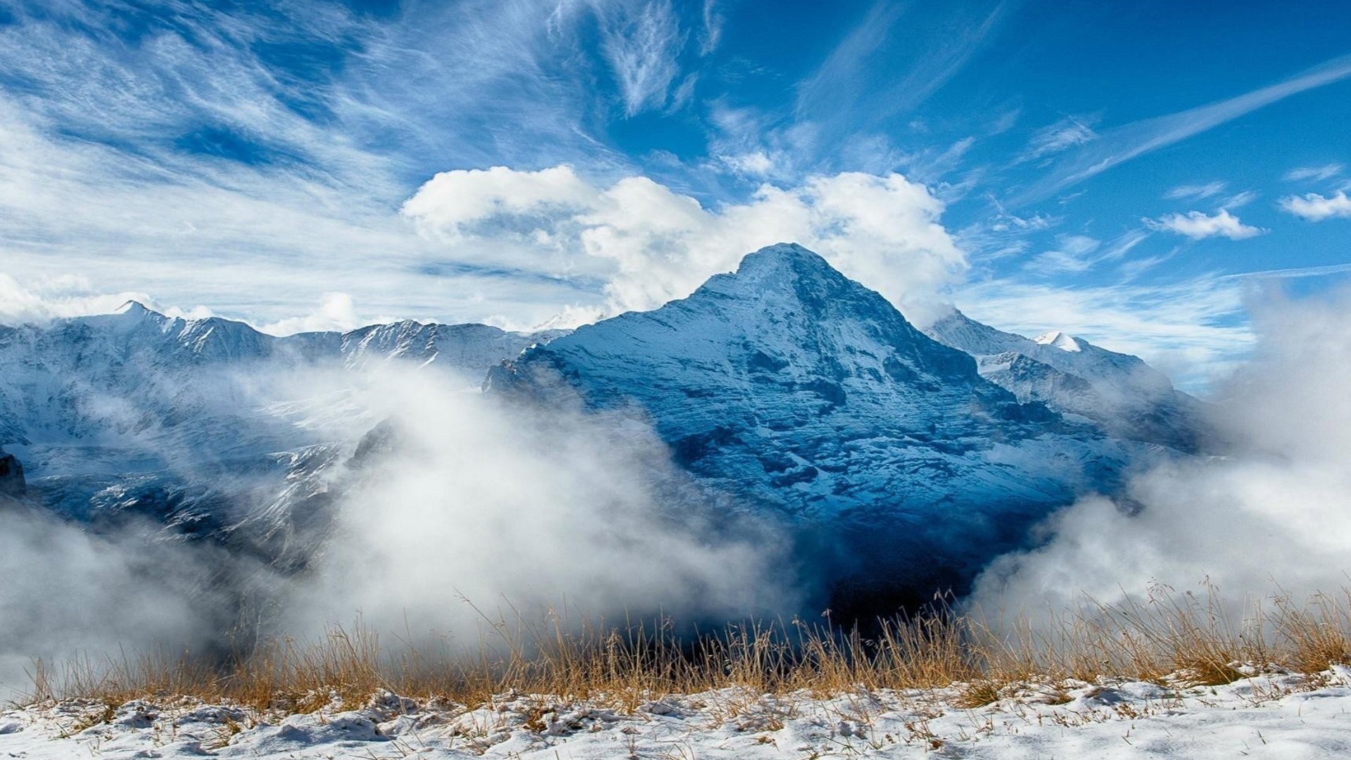 风景 雪山 蓝天 白云 宽屏