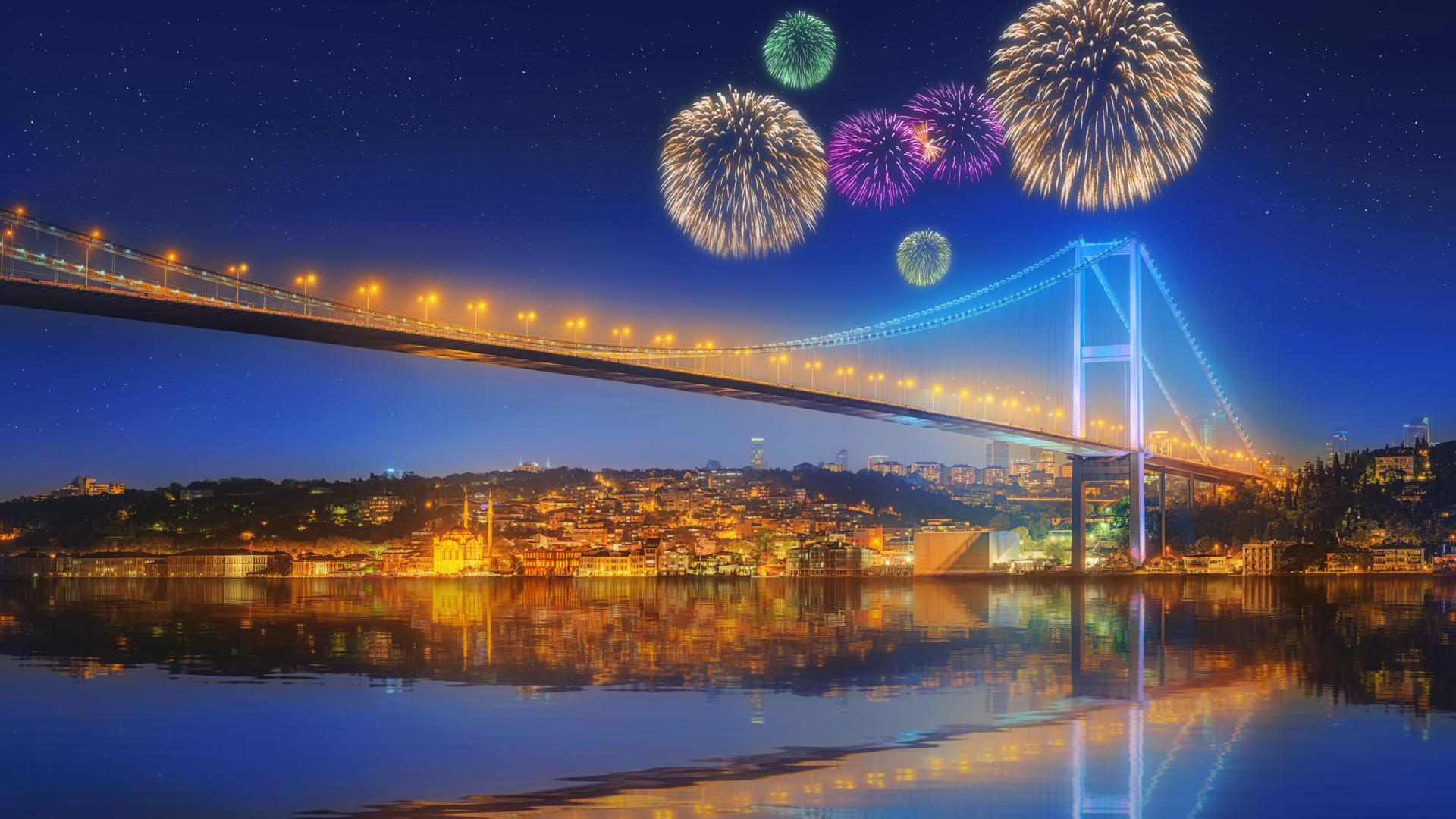 风景 城市夜景 烟花 大桥