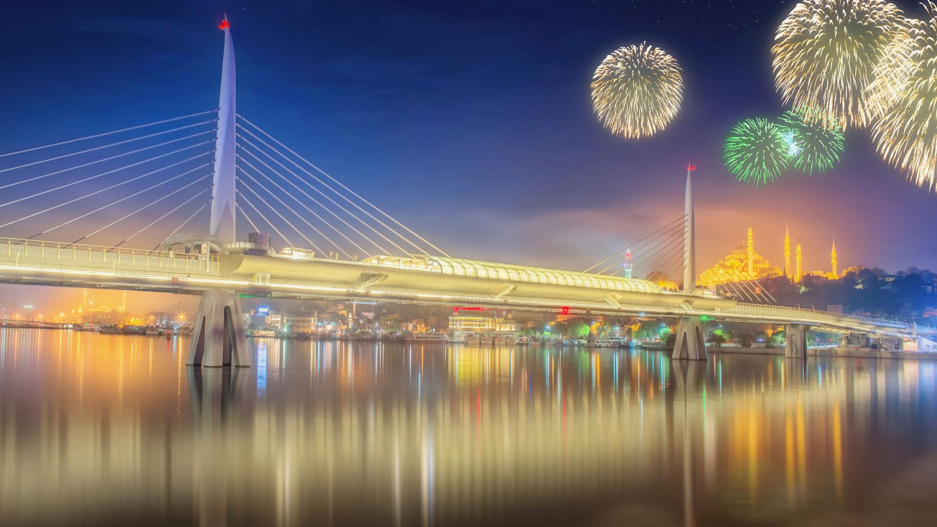 风景 城市夜景 烟花 大桥