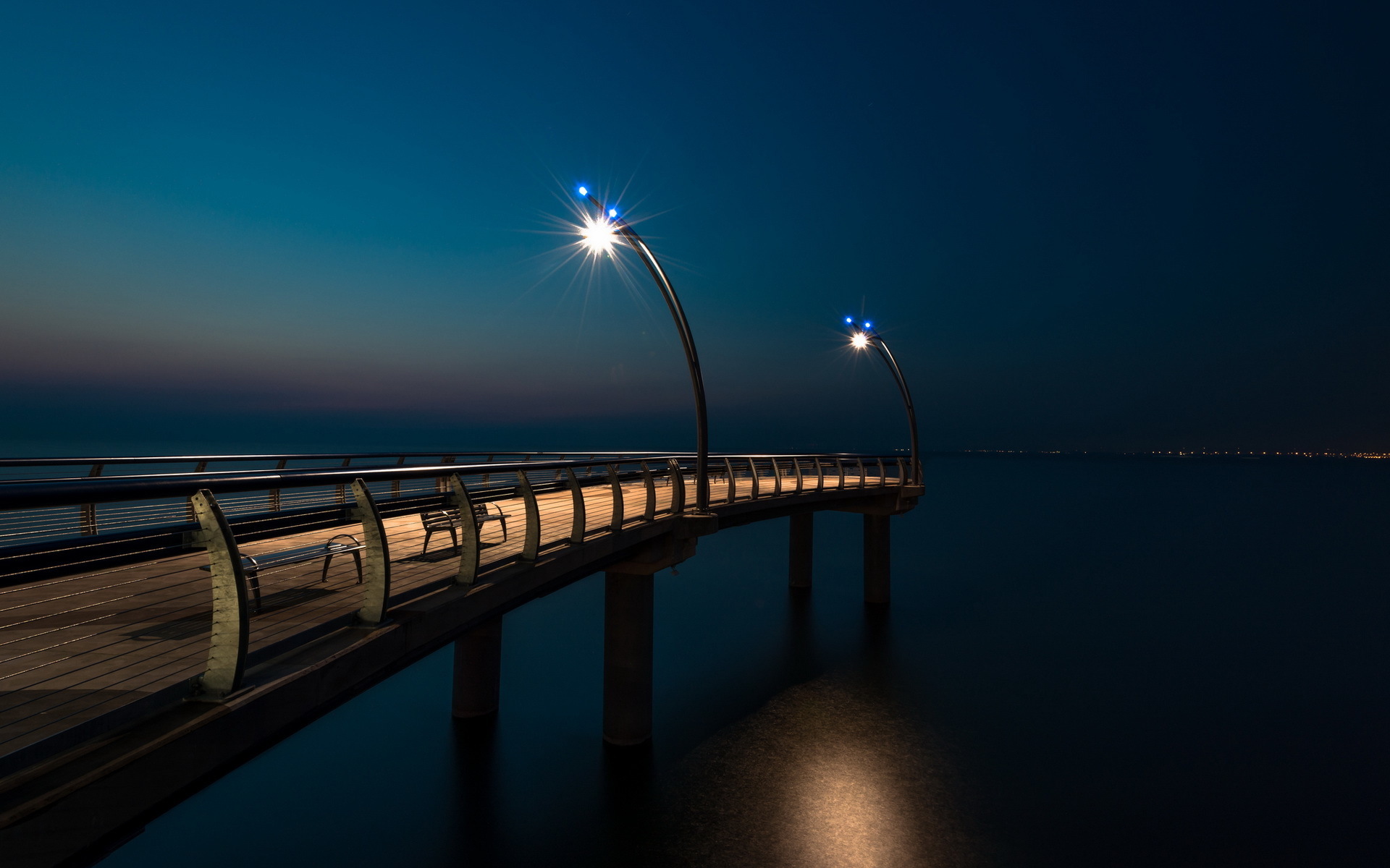 风景 夜晚 灯光 栈桥