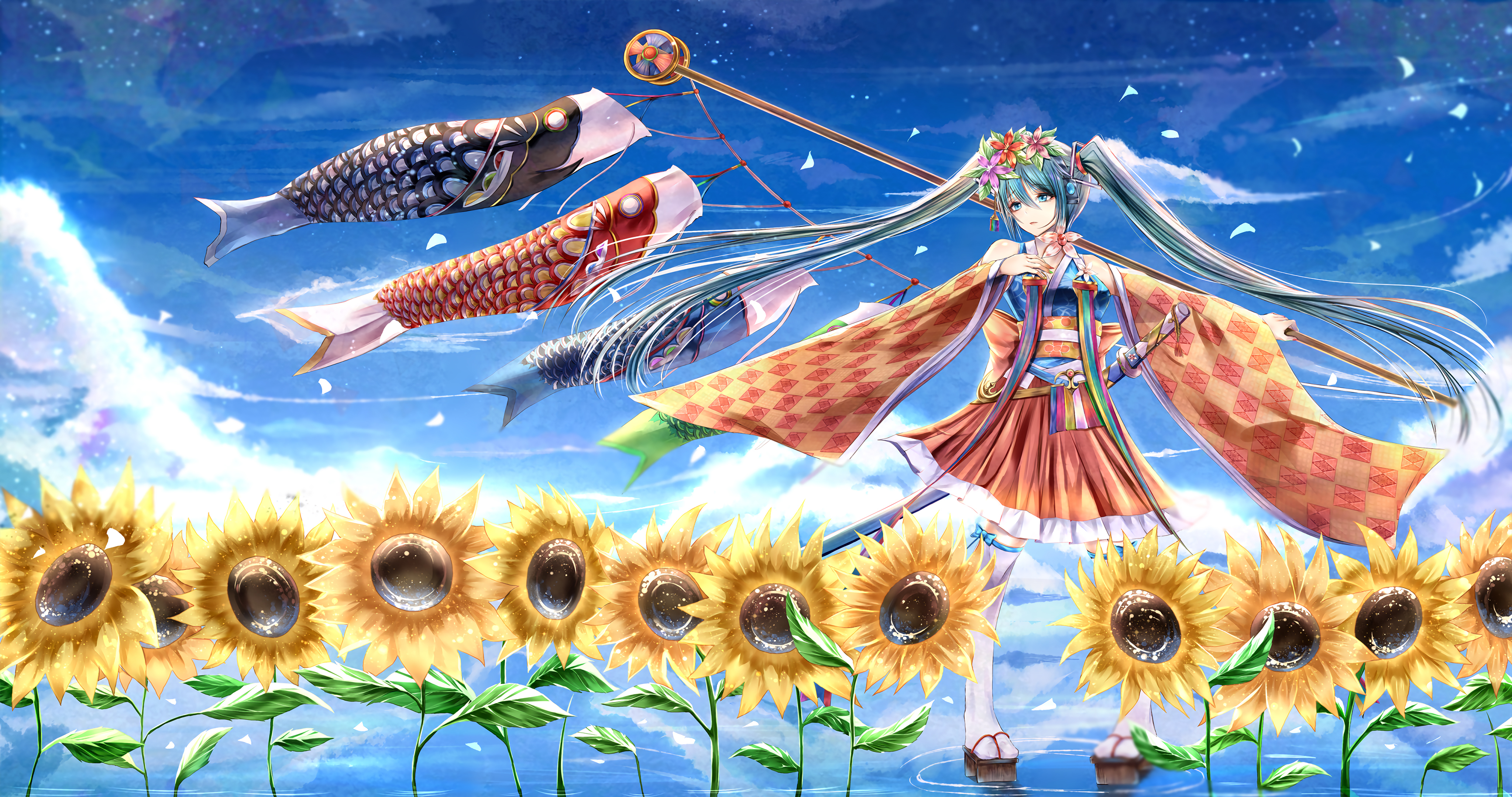 4K 动漫 少女 向日葵 鲤鱼旗