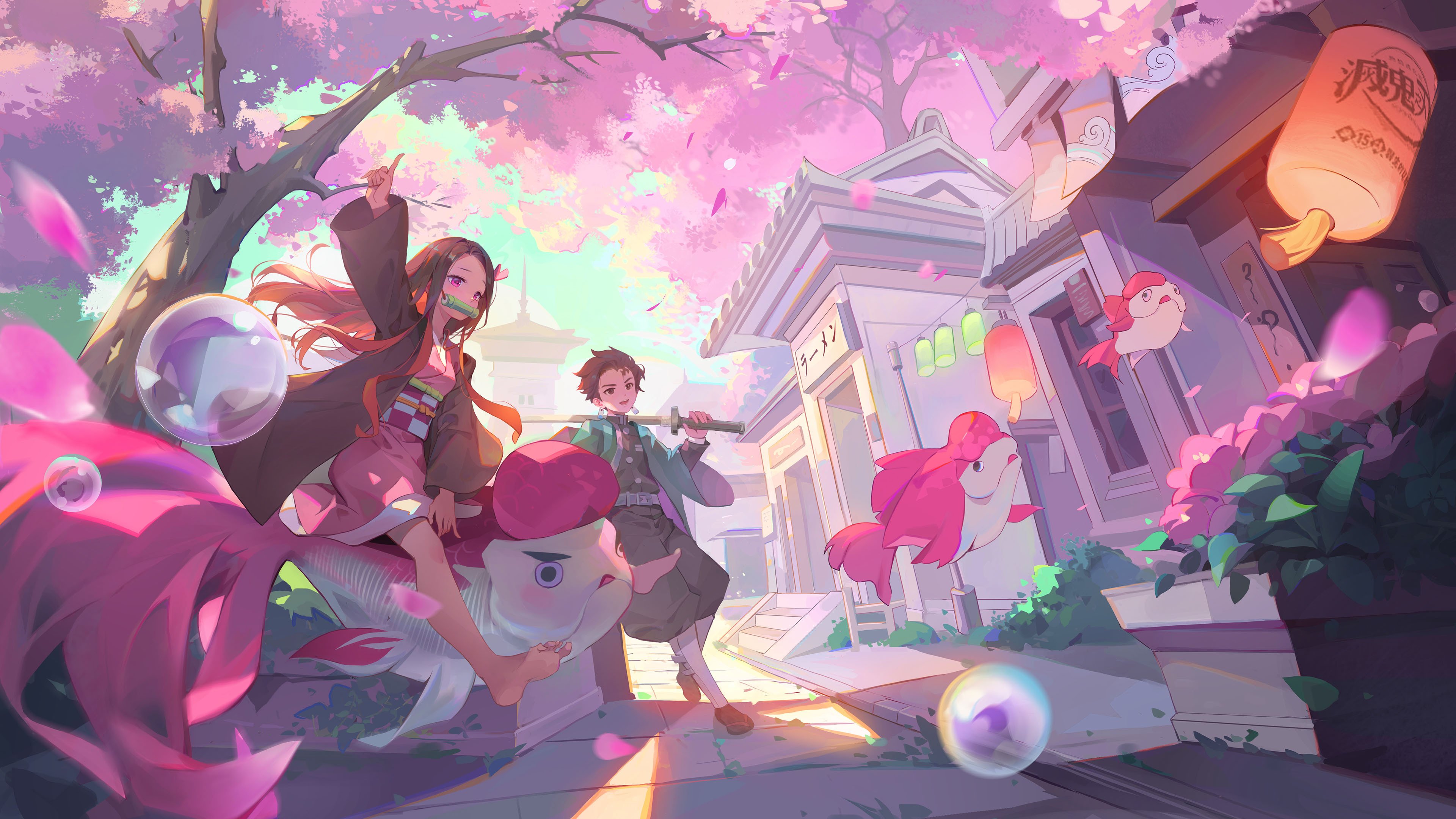 鬼灭之刃 炭治郎 祢豆子 樱花 鲤鱼