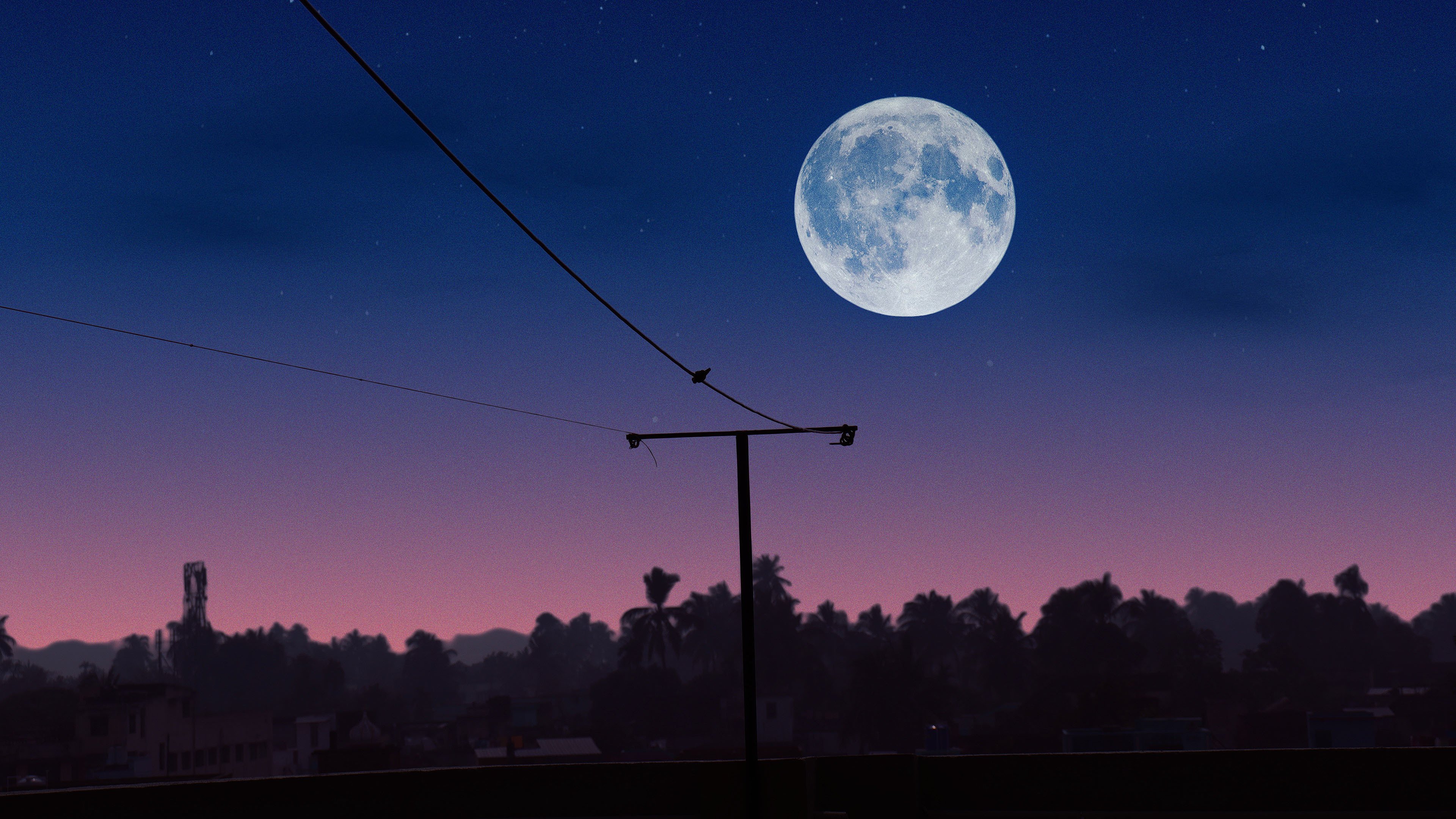 奇幻梦境 圆月 电线杆