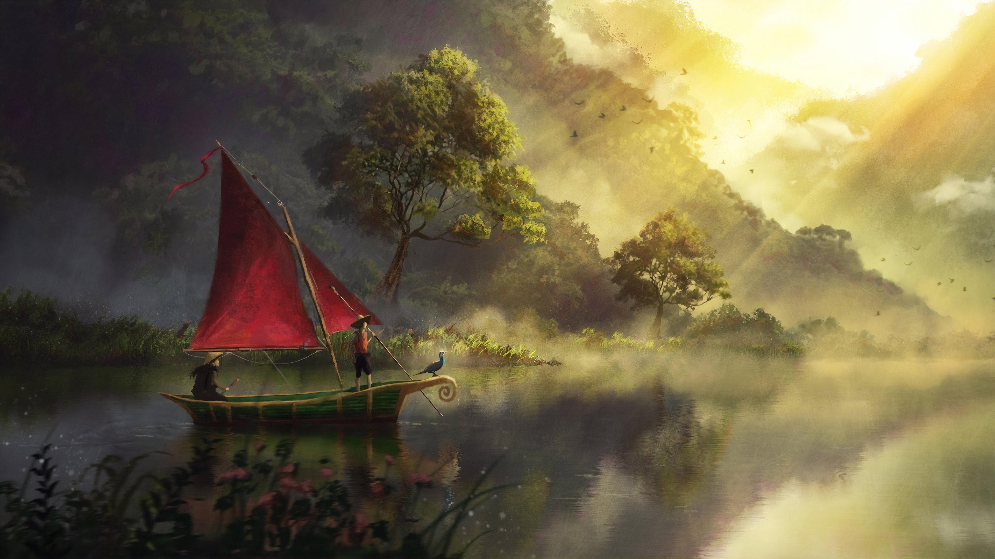 小舟 湖水 阳光