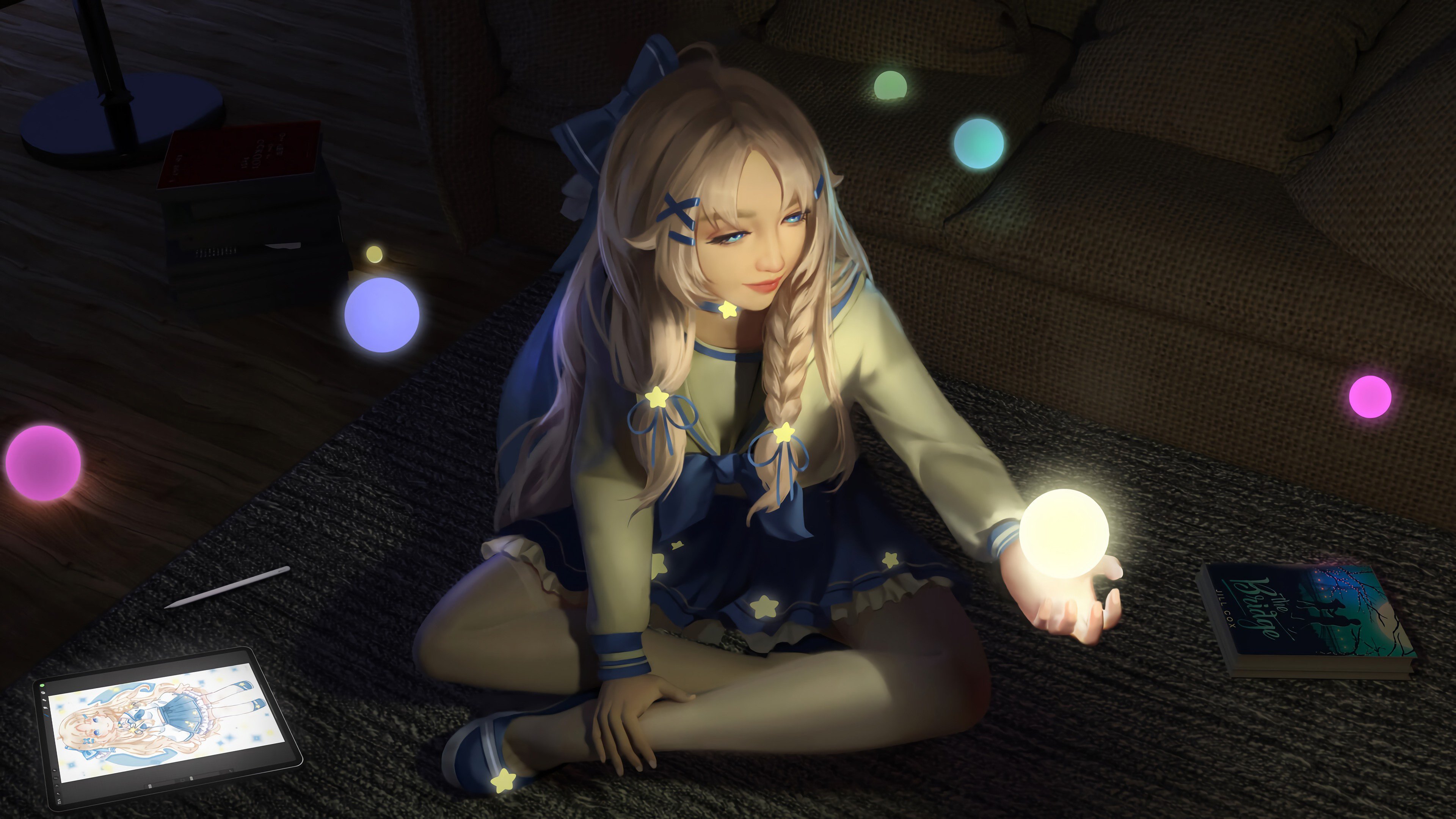 动漫 发光的球 可爱女孩 盘坐 房间 书本