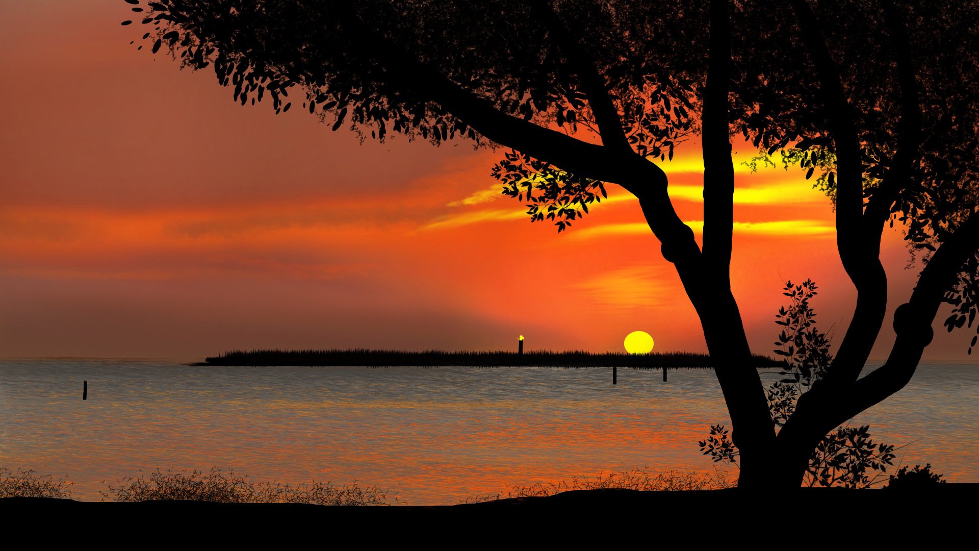 落日余晖 晚霞 湖畔树影