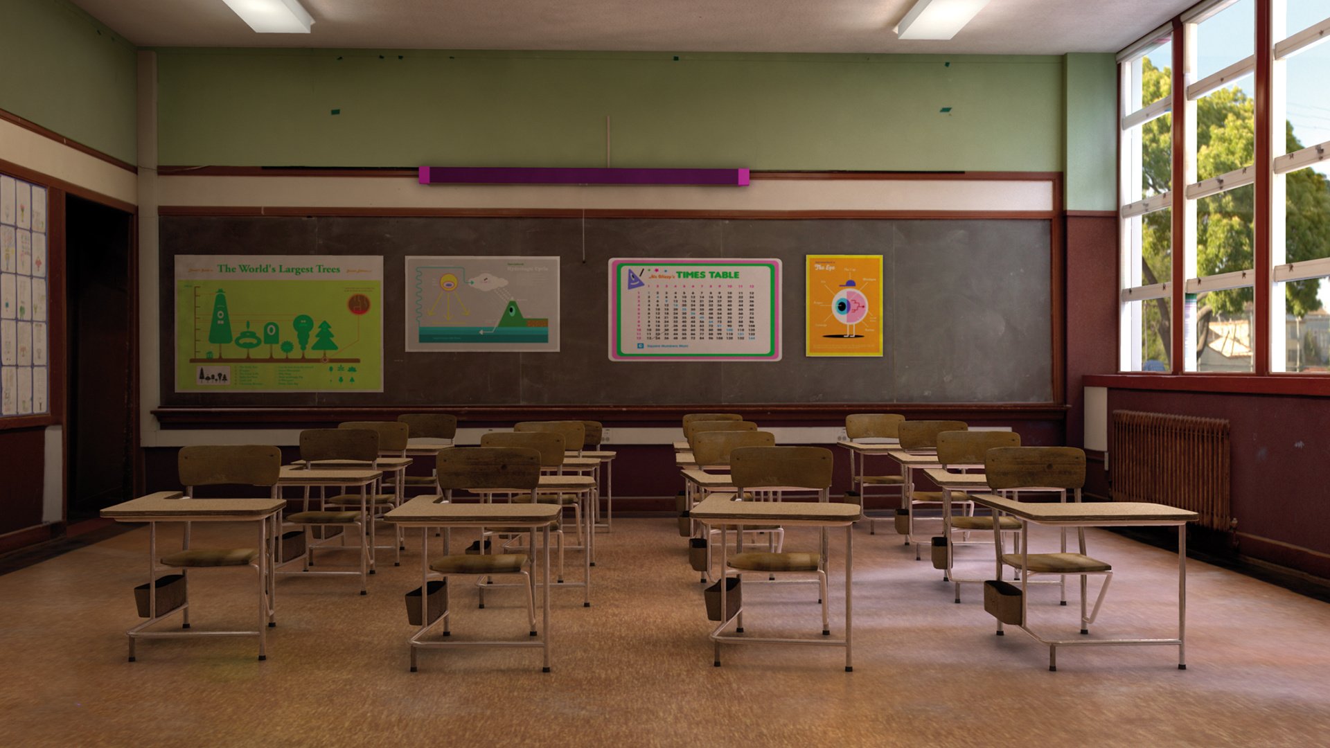 二次元 教室 桌椅 黑板