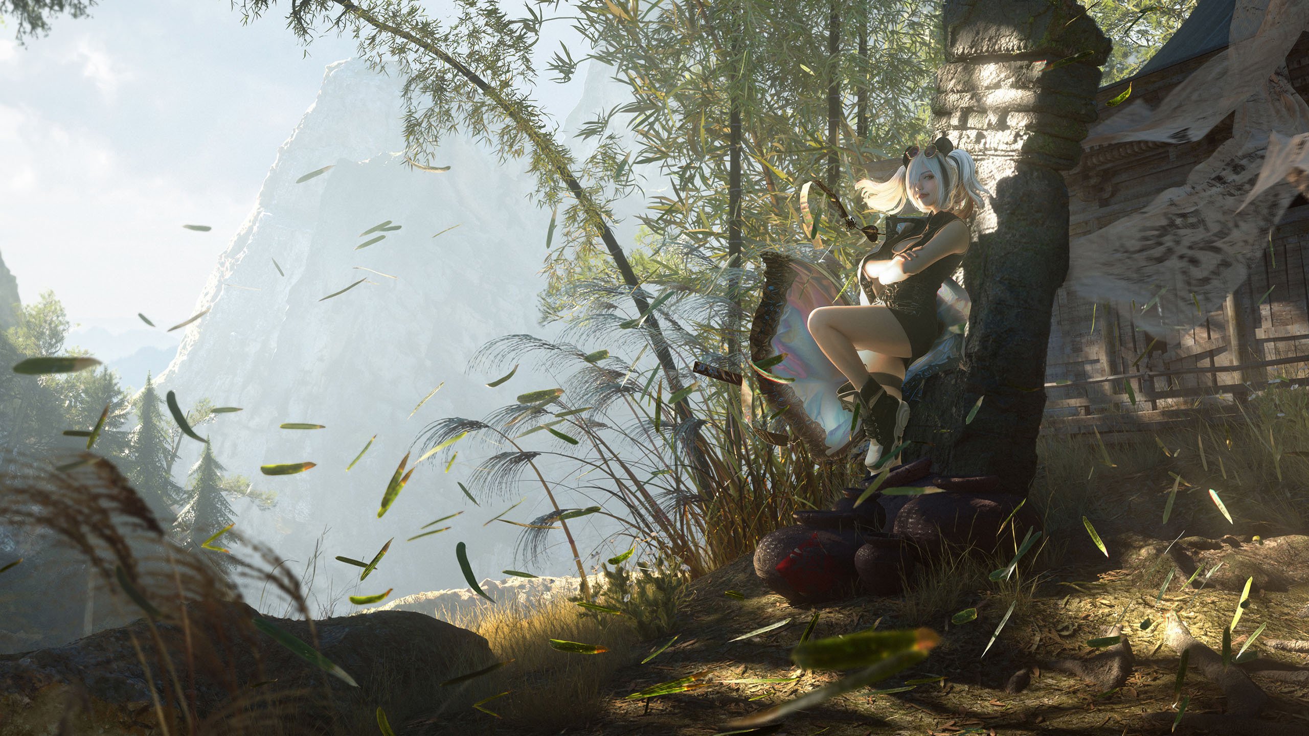 废墟 竹林 秋风 落叶 旧屋